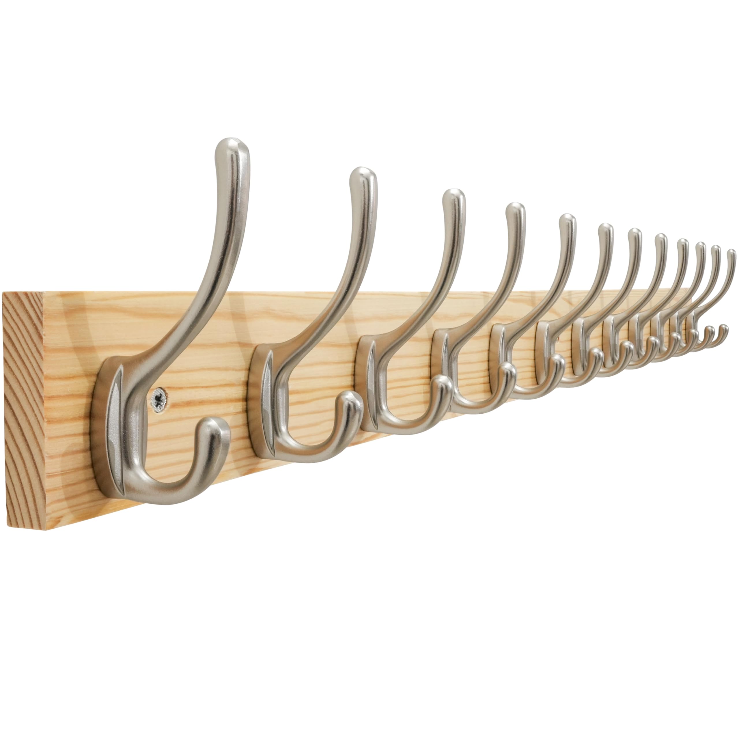 SKOLOO Solid Pine Wood Wall Mounted Coat Hooks, 91cm Long, 12-Hook Modern Entryway Organizer with 16" Stud Installation, for Hallway, Bathroom, Kitchen (Natural Wood & Nickel Hooks)​