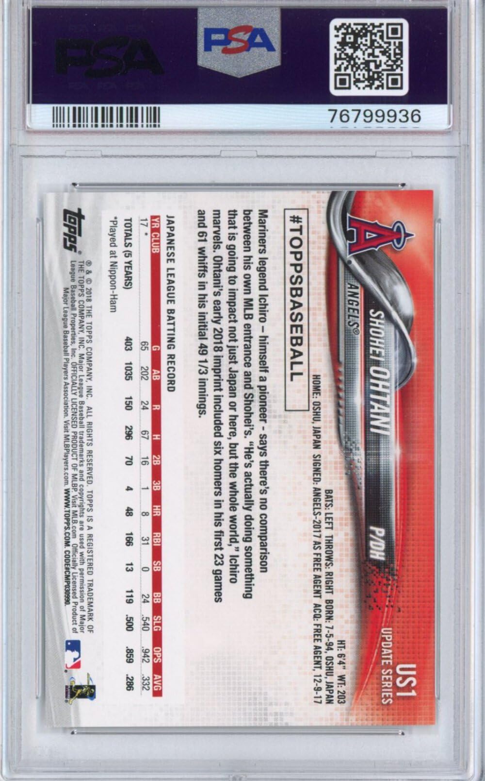 Graded 2018 Topps Update Shohei Ohtani #US1 Pitching Rookie RC Baseball Card PSA 9 Mint