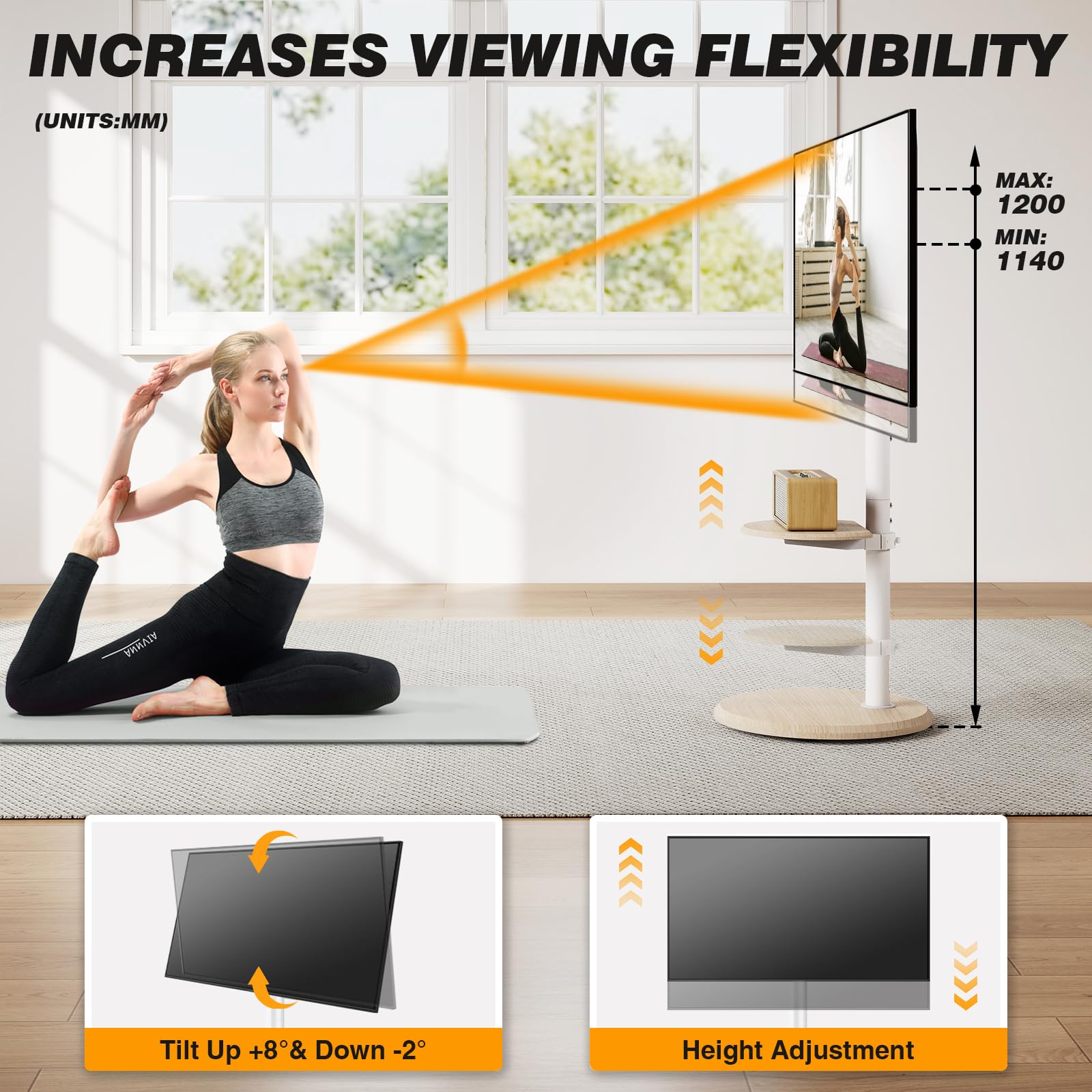 RFIVER Support TV sur Pied avec Roues Cachées pour TVs de 32 à 65 Pouces Support TV roulettes Blanc Réglable en Hauteur et Inclinaison Porte jusqu'à 40 kg VESA Max 400x400mm