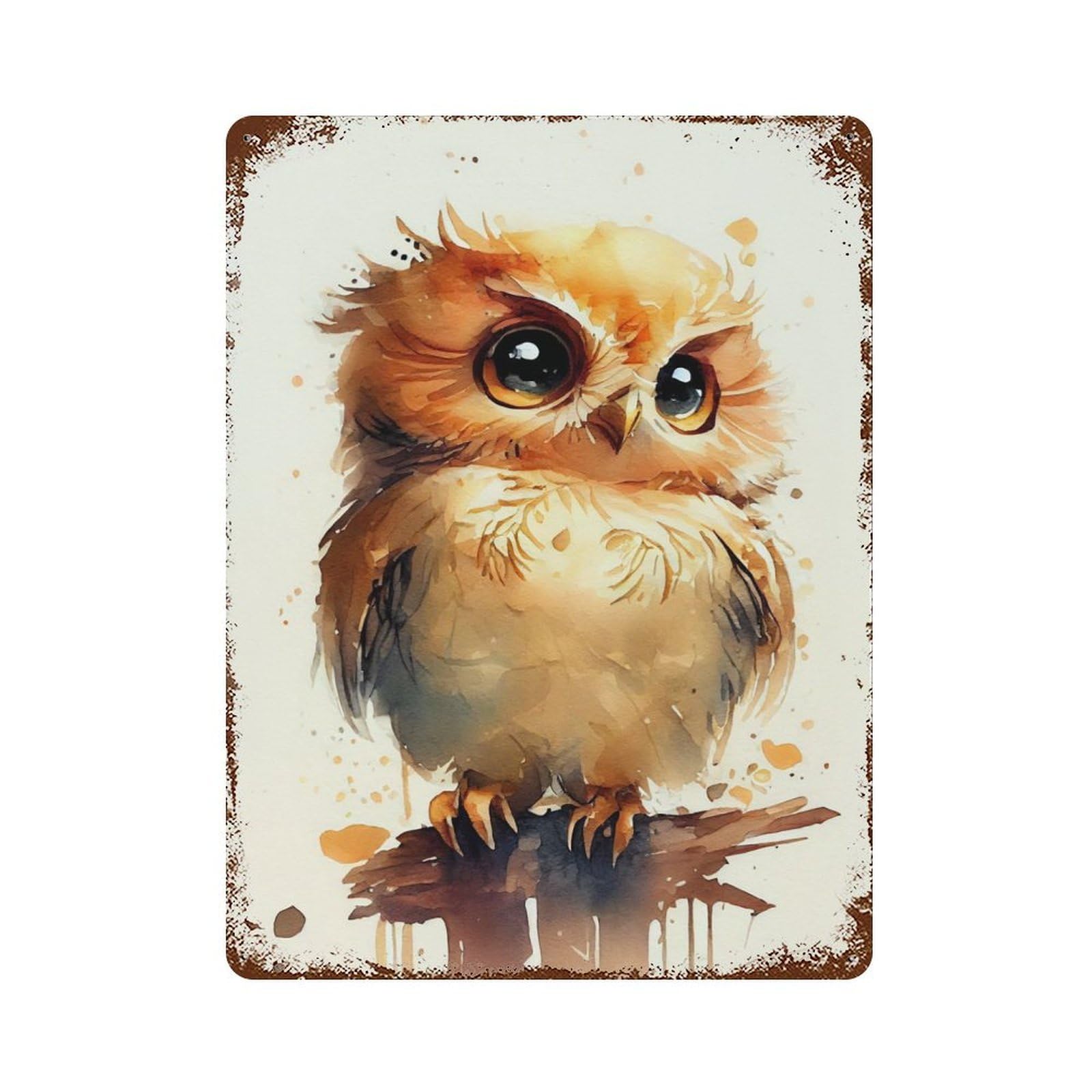 Weathered Tin Sign Owl Cute Watercolor 15.7"x11.8", Rustic Home Decor for Bistro, Counter And Cafe Decor