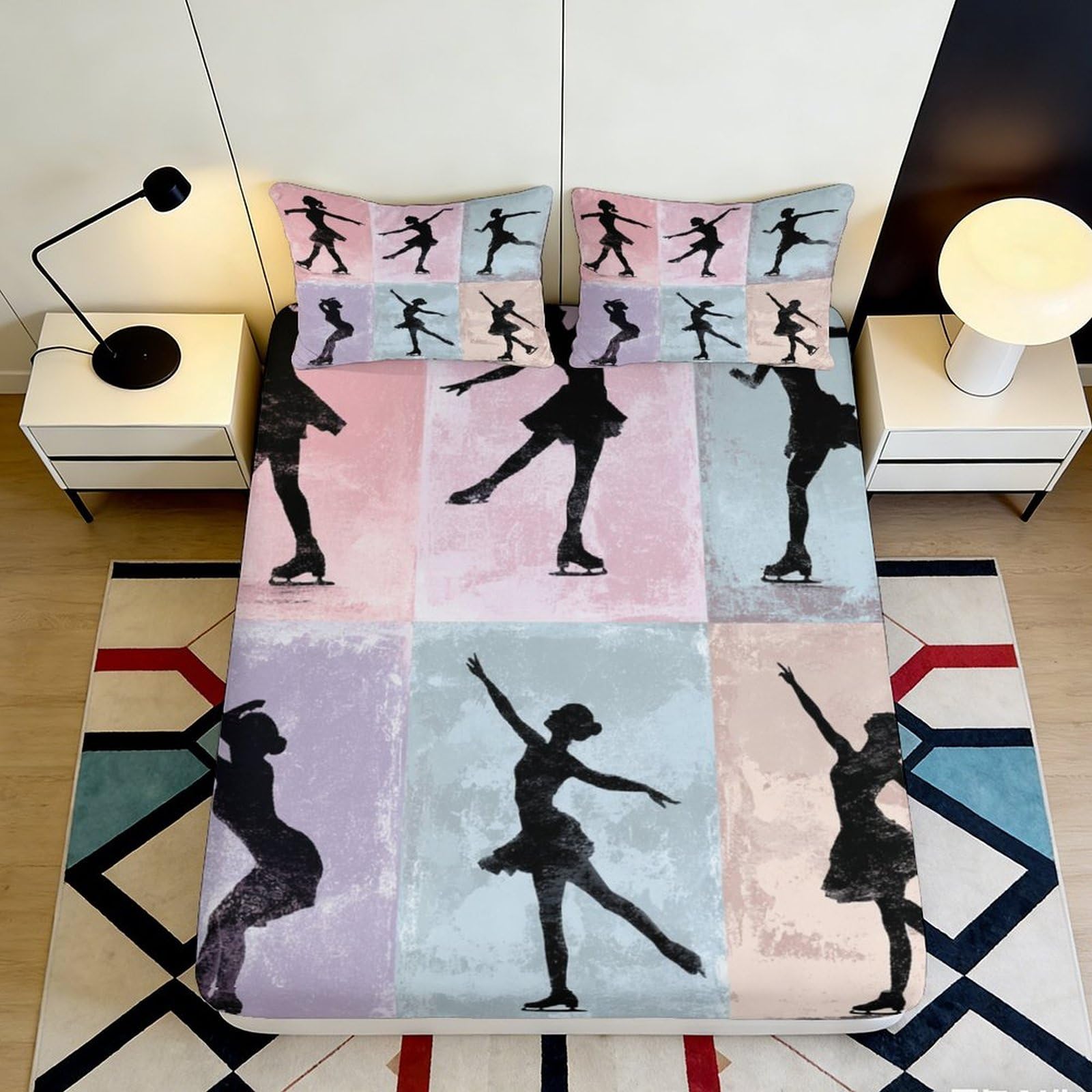 3D Printed Ballet Silhouette Fitted Sheet Microfiber Soft Pastel Modern Dance Mattress Cover for Bedroom Decor 90x200x25cm
