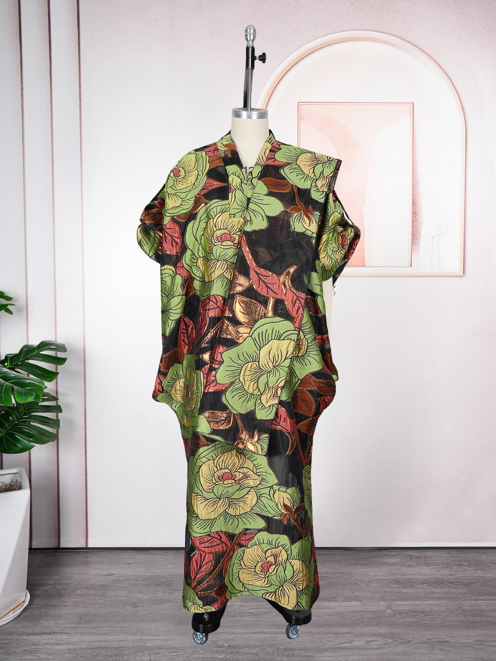 HD African Stylish Bubu Dress for Woman Floral Pattern Caftan Gown Adjustable Sleeves with Buckle - Image 3