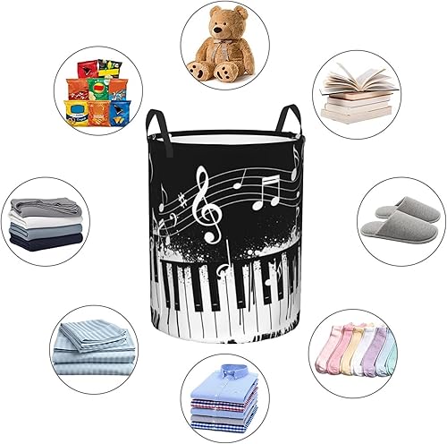 Miniatura 6 de Cesta de lavandería plegable redonda independiente compatible con teclas de piano blanco y negro con notas musicales, cesta de lavandería