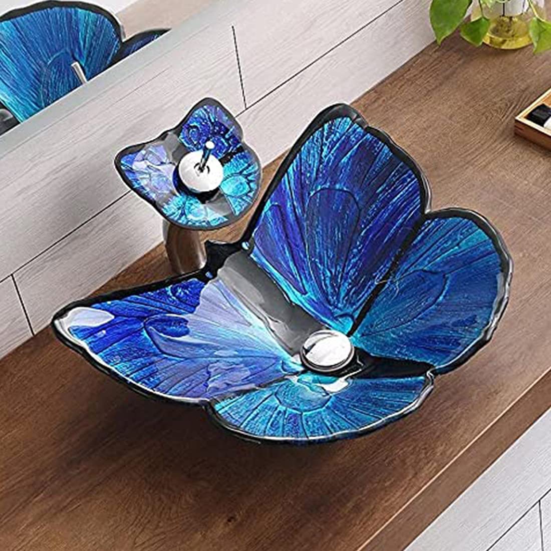 Amazon.co.jp: 青い蝶の形をした強化ガラスの洗面台バスルームの容器の