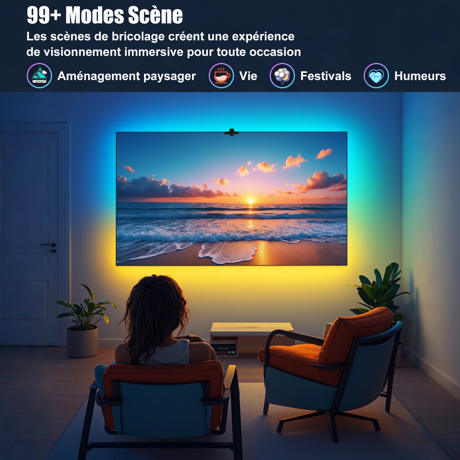 Diyife TV Backlight avec AR Farbe Sync pour Téléviseurs de 55 à 65 Pouces, 4M Bande LED TV Smart RGB avec Caméra, Rétro-éclairage LED pour TV à Immersion, Télécommande et Application
