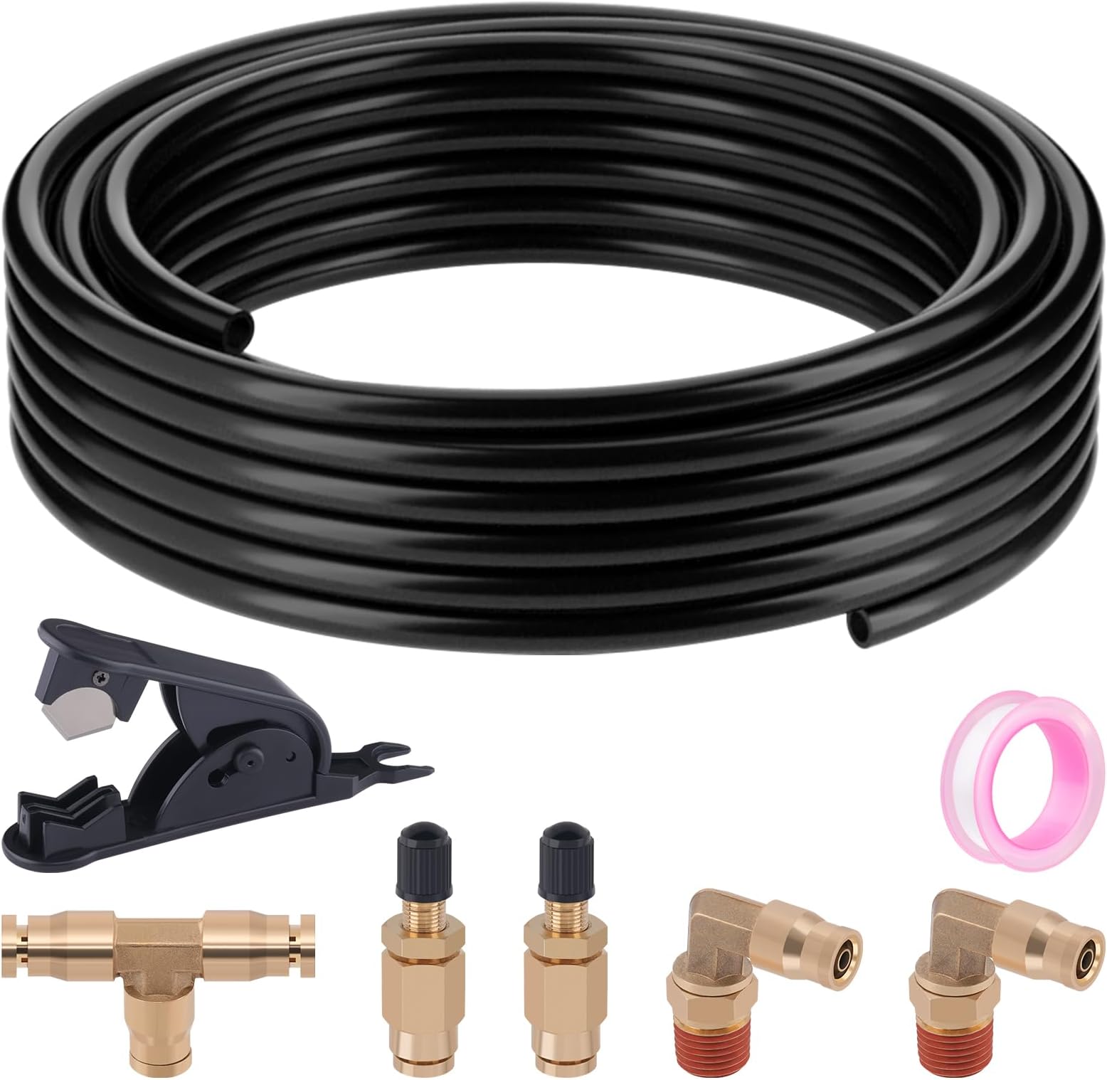 Taiidaues Air Suspension Kit - Black, Nylon, Brass - Air Suspension Components - 1/4" OD PA Hose Tubing, Schrader Valves, Elbow Fittings, Union Tee, Cutter & Seal Tape - 30 FT Air Line Kit