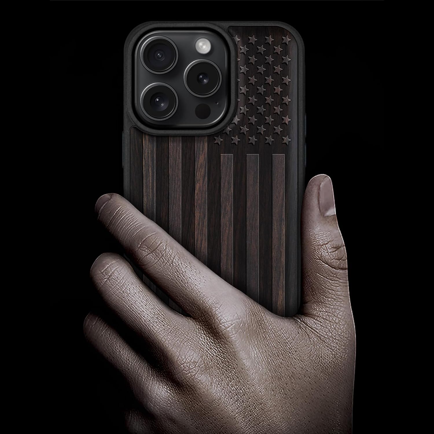 Carveit Magnetic Wooden Case for iPhone 16 Pro Case, Wood Artisan Engraved & Black Soft TPU Shockproof Cover, Compatible with MagSafe Wireless Chargers (American Flag) Blackwood