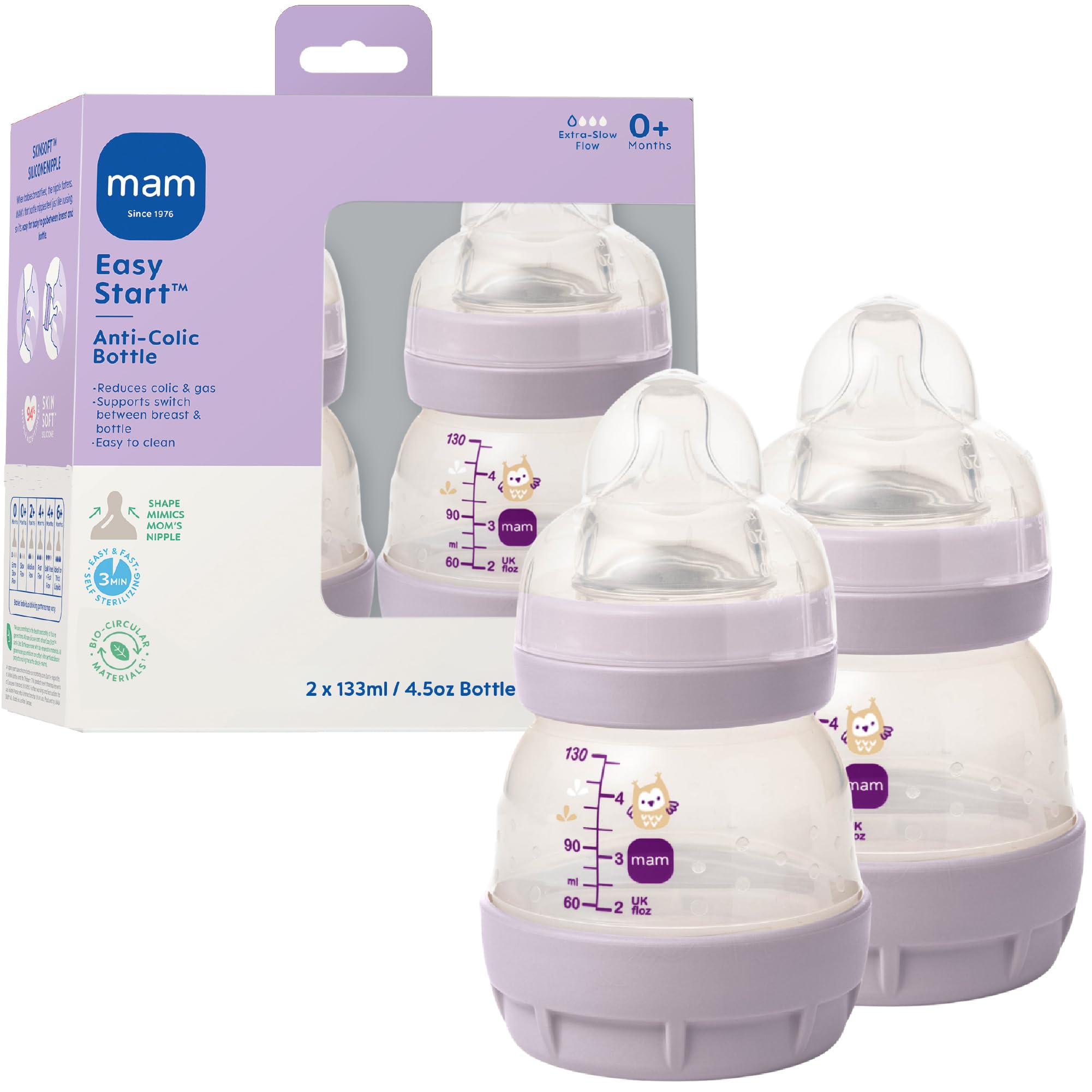 MAM Easy Start Anti-Colic Baby Bottles, Extra Slow Flow, Breastfeeding-Like Silicone Nipple Bottle, Reduces Colic, Gas, & Reflux, Easy-to-Clean,