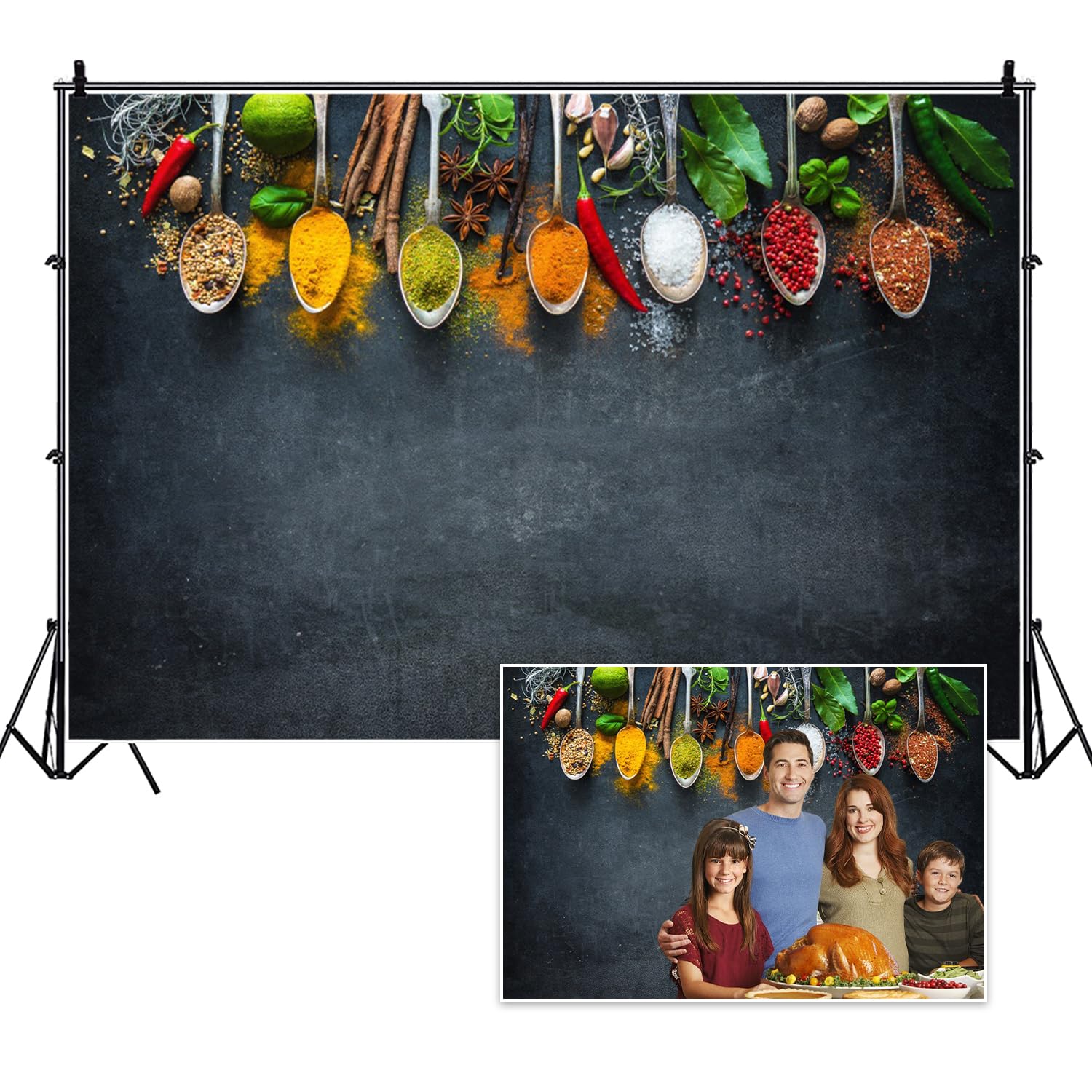 Vie Savaran 5x3ft Condiment Spice Backdrop Scoop Colorful Condiment Seasoning Food Cooking Material Black Chili Fruit Vegetable Photography Background