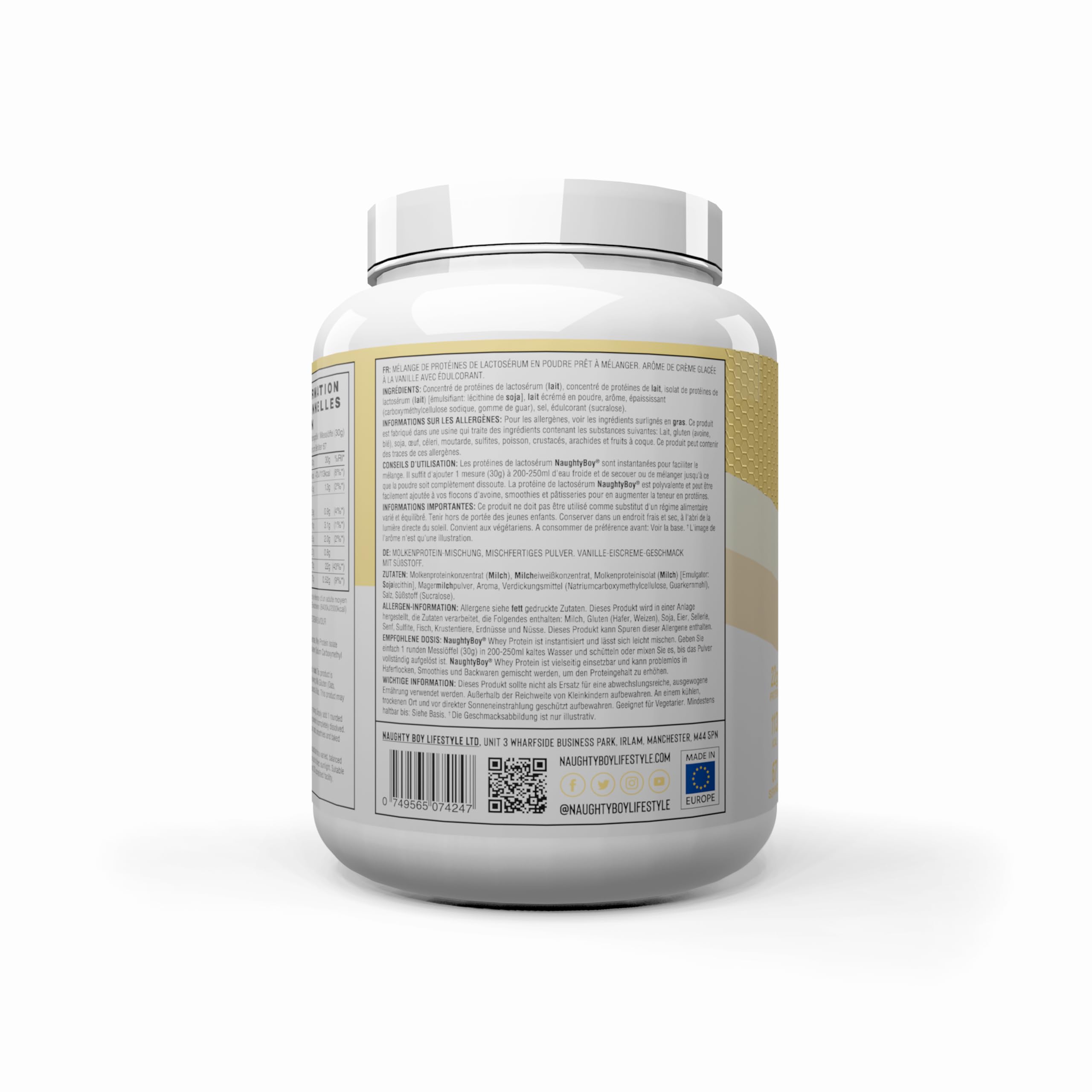 Naughty Boy Advanced 100% proteína de suero en polvo, 2010 g, 22 g de proteína por porción, 67 porciones, batido alto en proteínas para crecimiento muscular y recuperación, bajo en azúcar, helado de