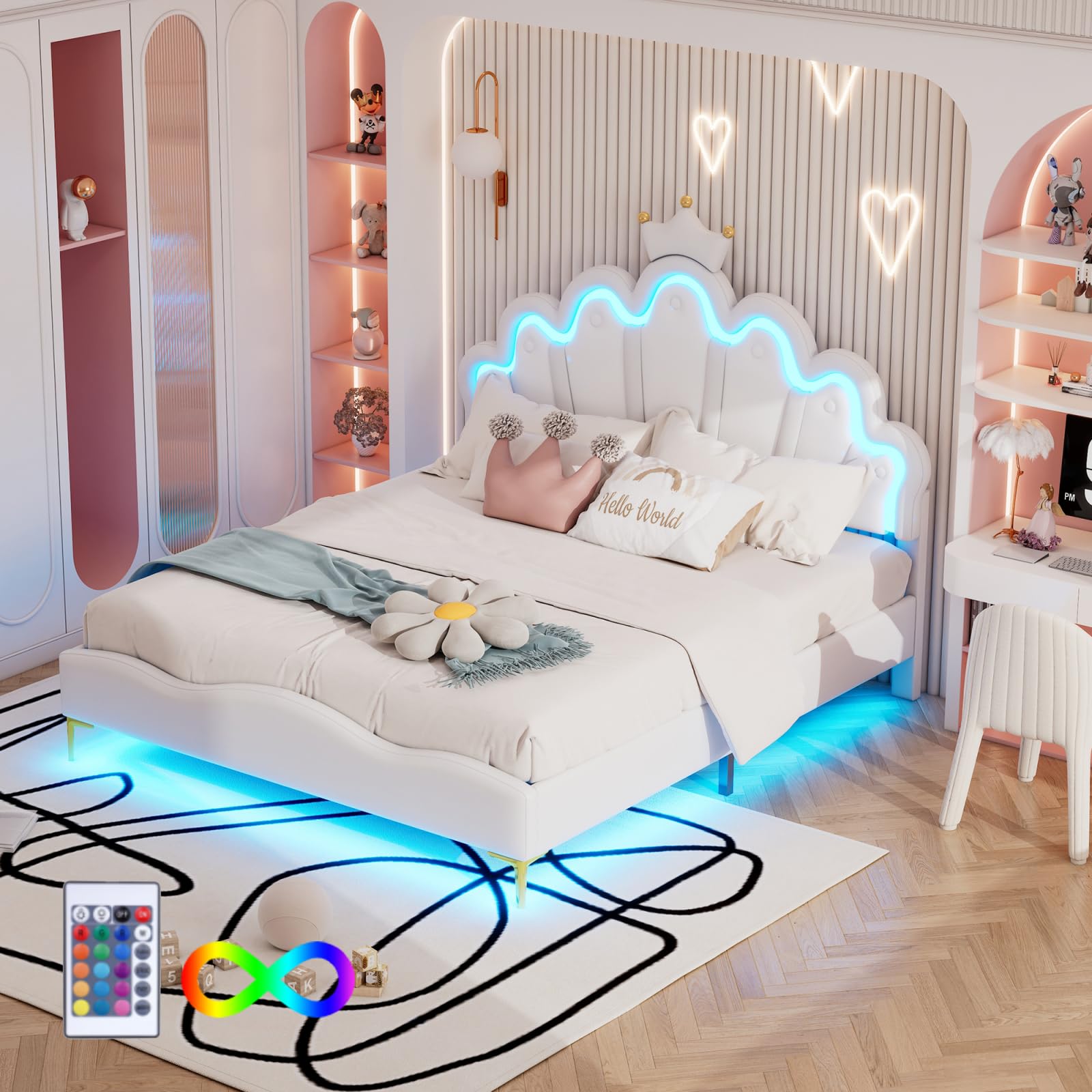 PerGar Lit de princesse pour fille - Avec barre lumineuse LED - Coussin en cuir synthétique souple - Lit de princesse avec hauteur de tête de lit réglable (blanc, 140 x 200 cm)