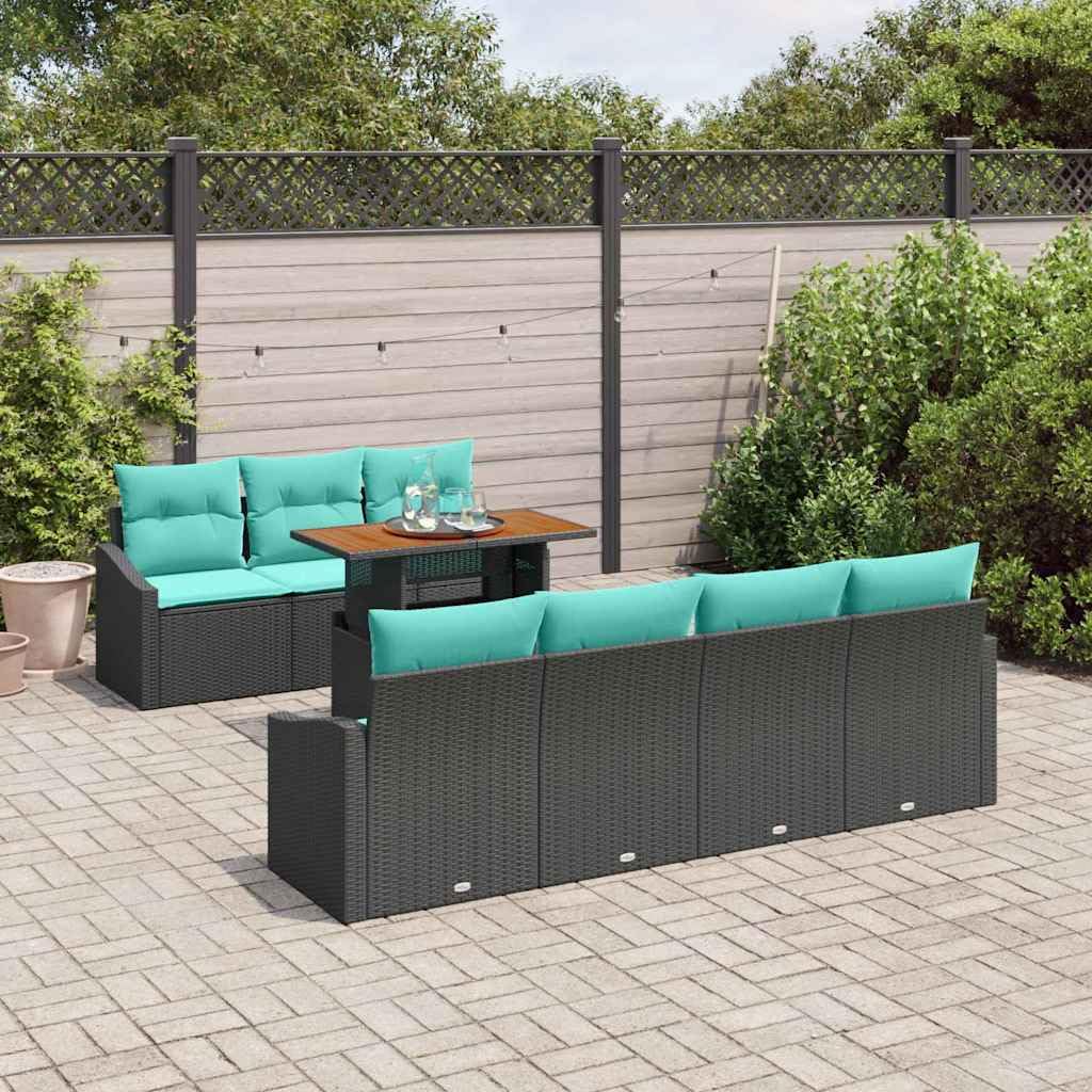 Set Salle à Manger Jardin 8 Pièces Poly Rotin Noir et Turquoise