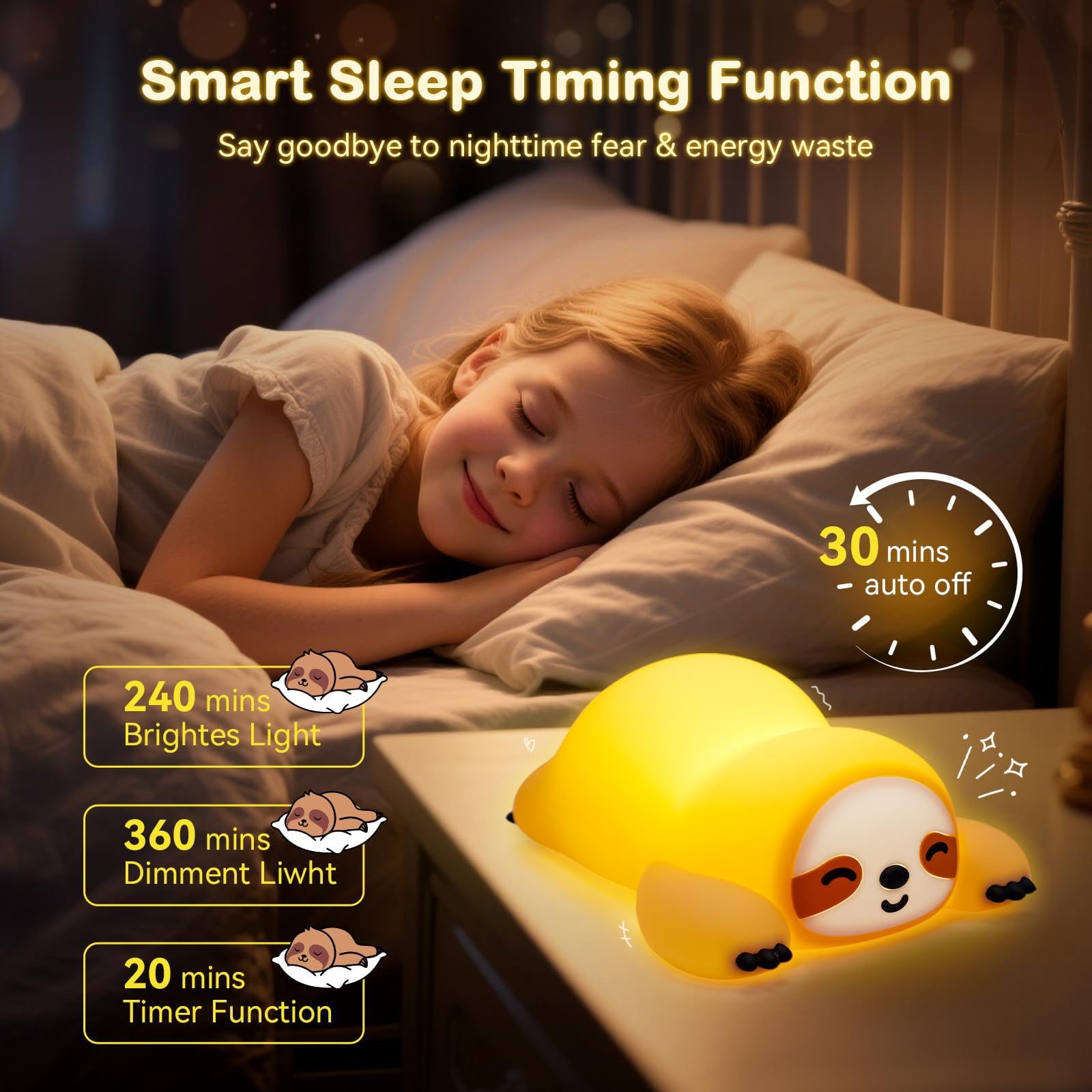 Luz nocturna de perezoso, luz nocturna regulable de 3 niveles, silicona de grado alimenticio, recargable para niños, decoración del hogar, ideal para regalos