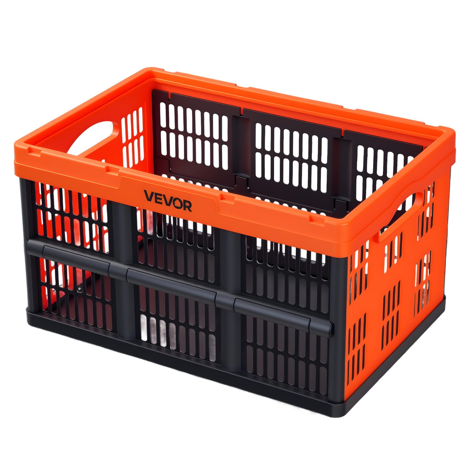 VEVOR Cajas de Almacenaje Plegables de Plástico 45 L, 6 Unidades, Contenedores de Almacenaje con Asas, sin Tapa, Ahorra Espacio, Soporta 15 kg para Hogar Coche Organización Camping, Naranja y Negro