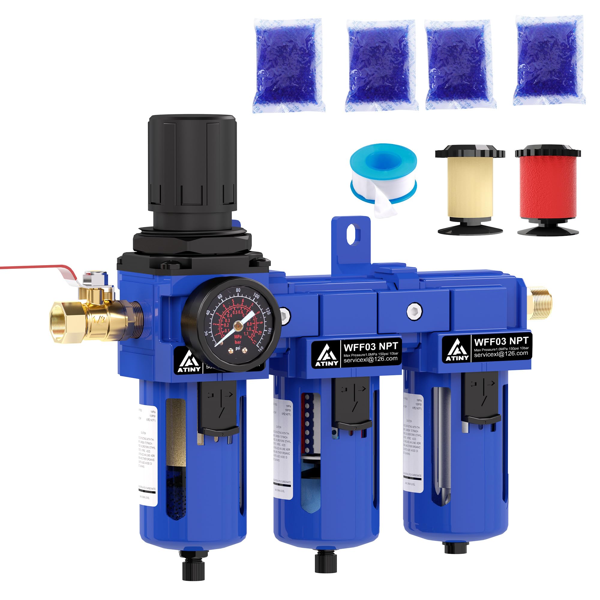 3/8 Inch NPT Three Stage Air Drying System,air Pressure Regulator with 5＆0.01 Micron Filter Cartridge，Desiccant Dryer & Air Regulator, Metal Bowl