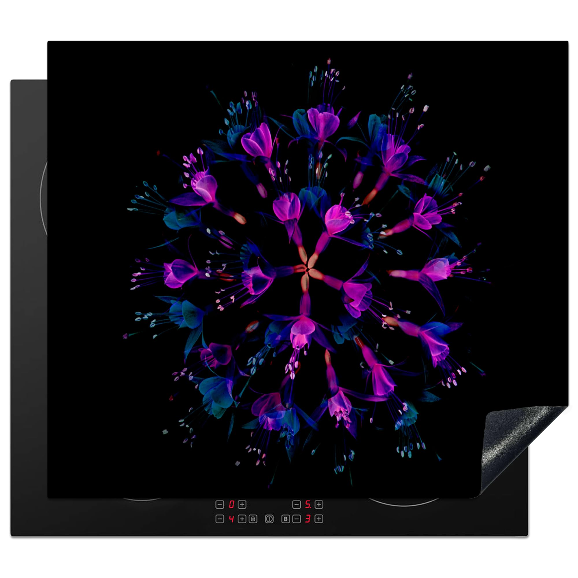 KitchenYeah© Induction Hob Protector Mat 20.5"x23.6" / 60x52 cm Stove Cap Top Cover Kitchen Cooker Covers for Electric Hobs Vinyl Flower - Purple - Blue - Macro - Black