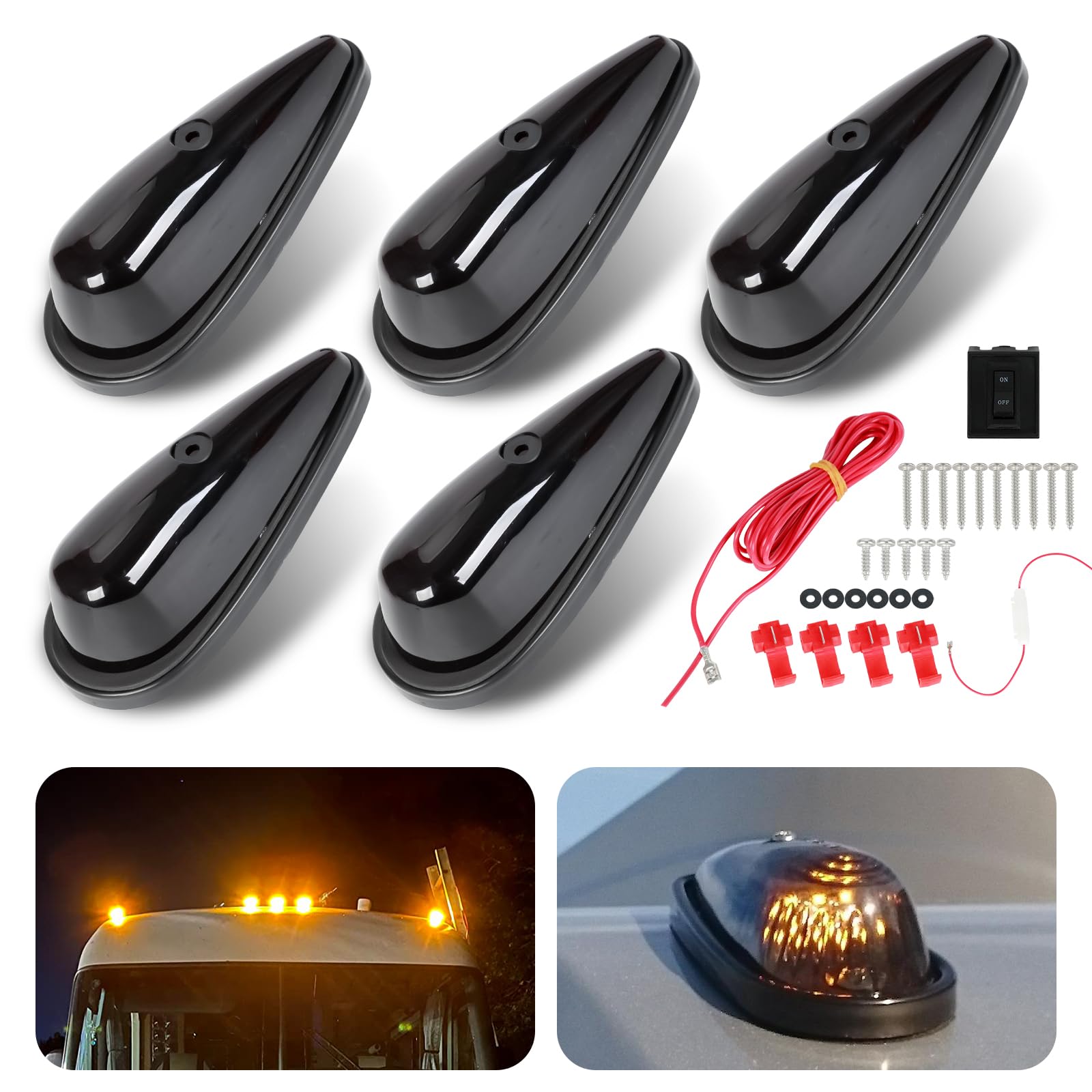 5-Pack Amber Teardrop Cab Marker Lights - 9 LED Clearance Roof Running Lights With Wiring Kit For Trucks & RVs