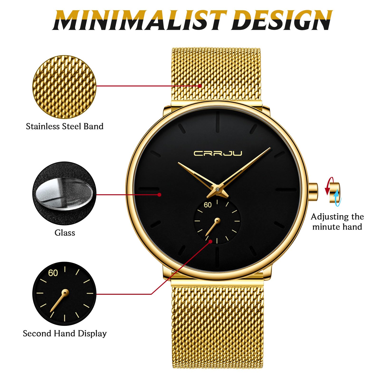 Orologio da polso da uomo, ultra sottile, minimalista, impermeabile, alla moda, unisex, con cinturino in maglia in acciaio inox dorato, nero, Moda