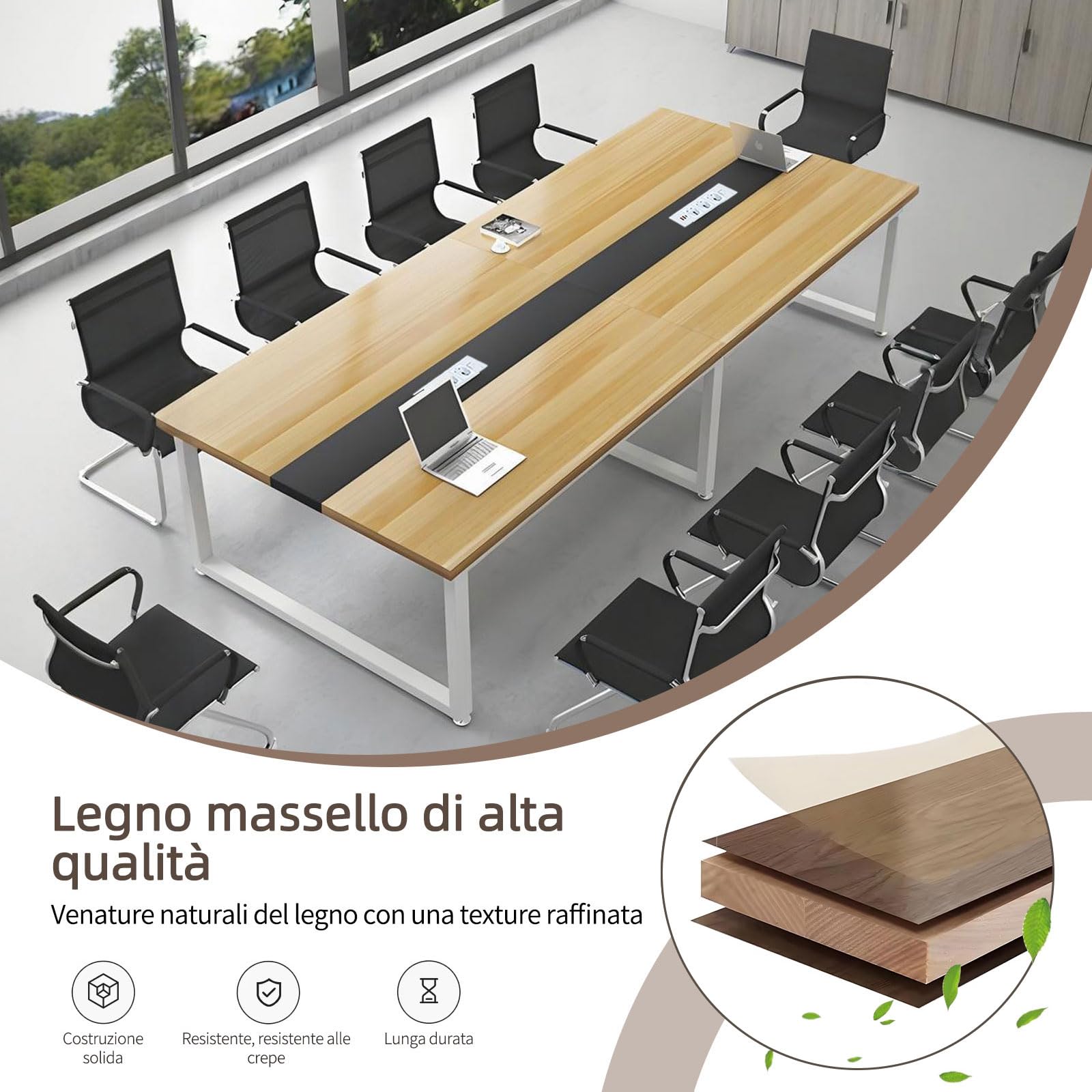 Tavolo Riunioni Moderno con Passacavi Integrato, Tavolo da Conferenza Rettangolare in Metallo Nero per 8–12 Persone, Ideale per Ufficio, Sala Conferenze e Seminari