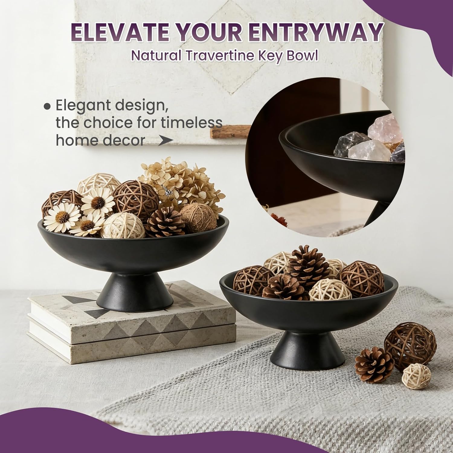 Garvee Concrete Pedestal Decorative Bowl, Modern Cement Centerpiece Fruit Bowl for Keys, Large Catch-All for Kitchen Counter, Entryway & Coffee Table, Home Decor, 11" D x 4" H, Black