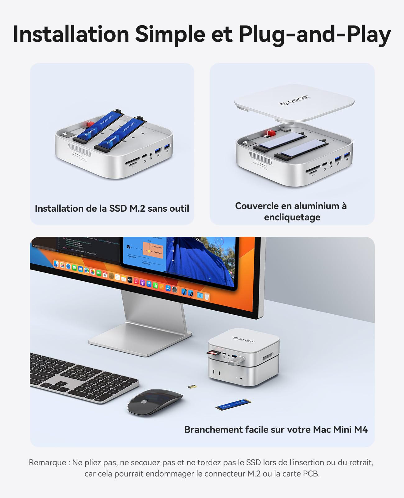 ORICO MiniRaid 2X NVMe/SATA Dock Station pour Mac Mini M4/M4 Pro 10-en-1 USB-C Hub avec HDMI 4K60Hz, 10Gbps, PD60W, Lecteur SD, RJ45 1000Mbps & Double SSD Photographers & Video Editors MR10