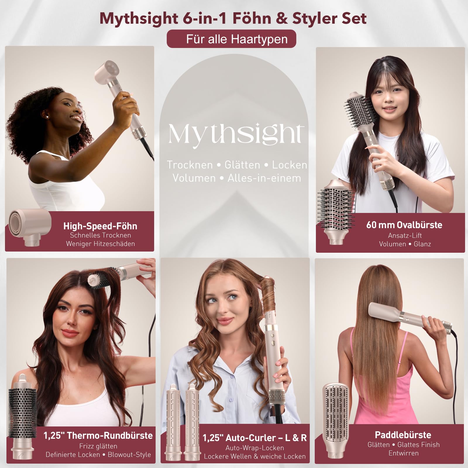 Airstyler 6-in-1, High Speed Ionen Föhn & Multifunktionaler Hairstyler, Auto-Wrap Lockenstab automatisch für alle Haartypen, Keine Hitzeschäden Warmluftbürste, Styling, Volumisieren, Locken, Glätte
