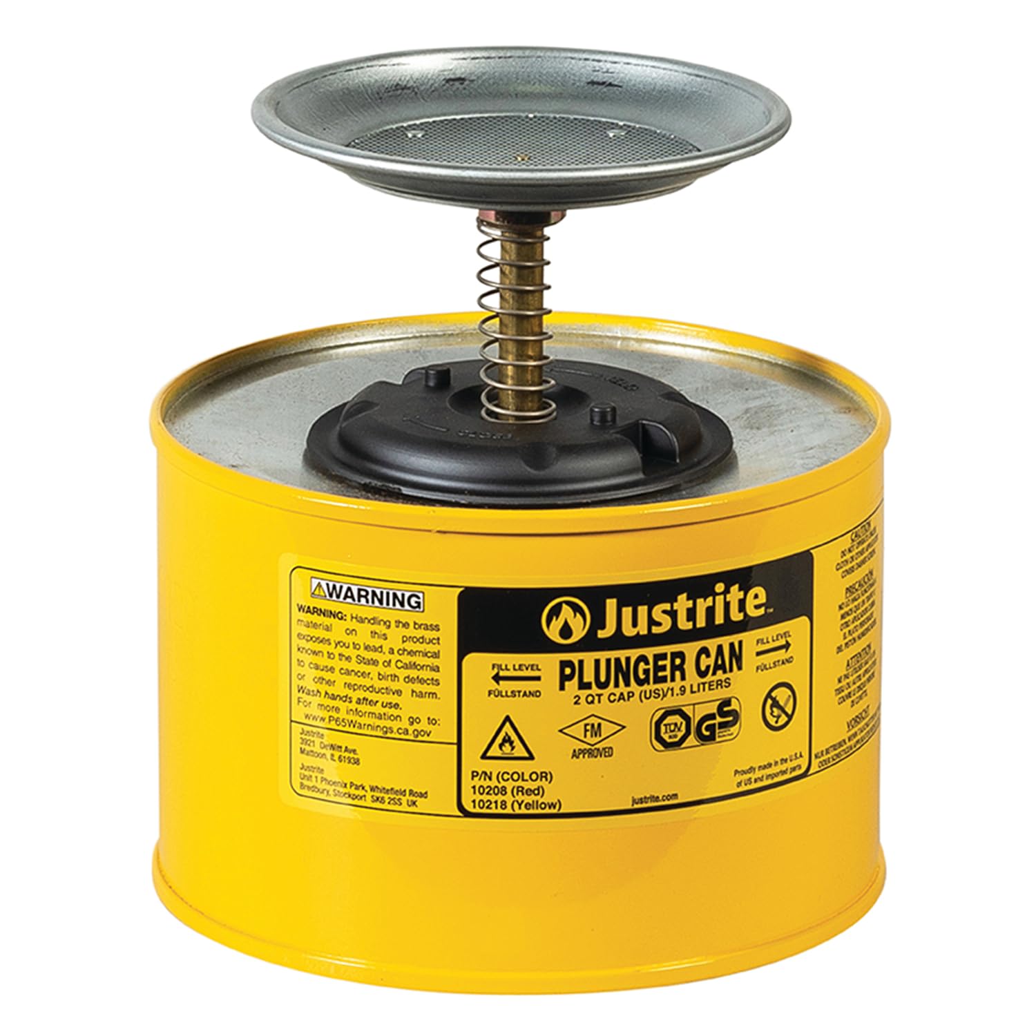 Justrite Plunger Can for Solvents, 2 Quarts Capacity, Made in USA, Yellow
