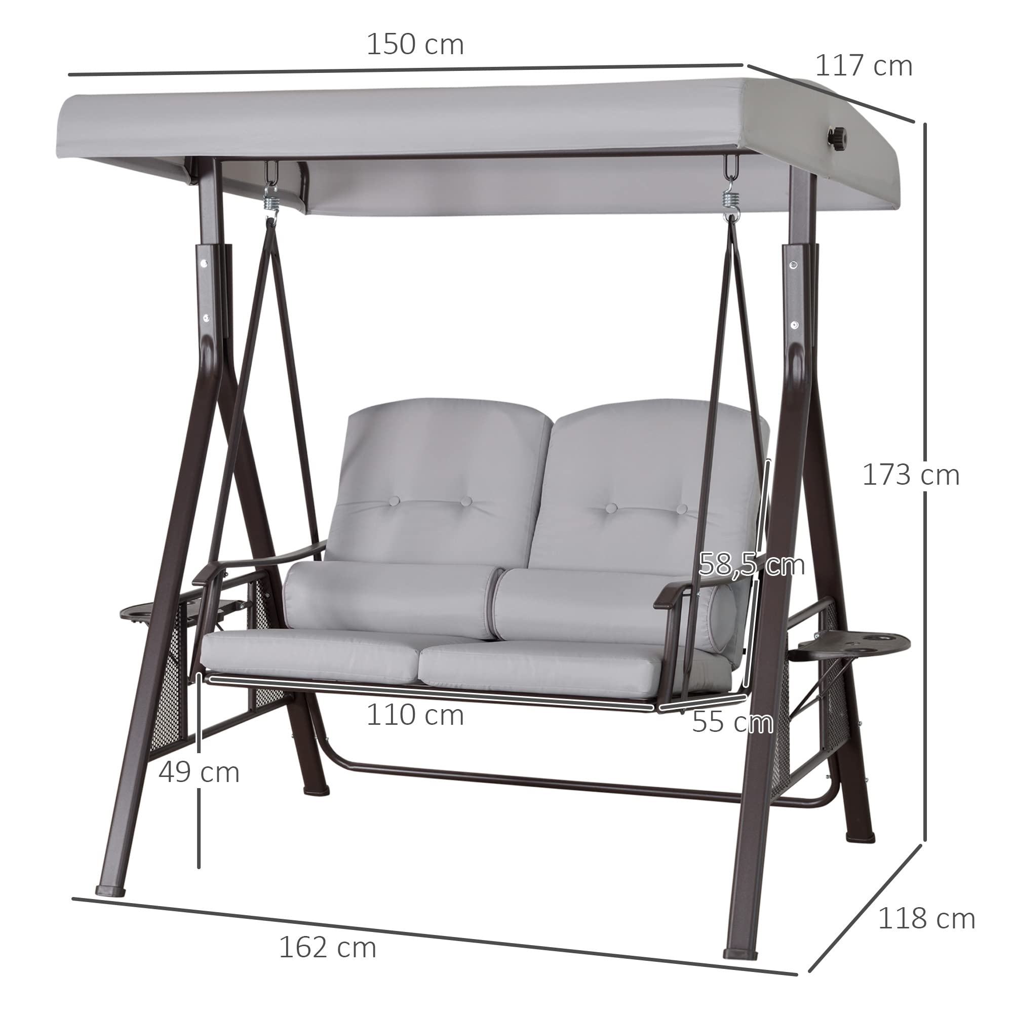 Outsunny Columpio Hollywood 2 plazas Columpio de jardín con toldo Cojín Bandeja Metal Poliéster Gris 162 x 118 x 173 cm | Columpio de jardín, cojín, metal, poliéster
