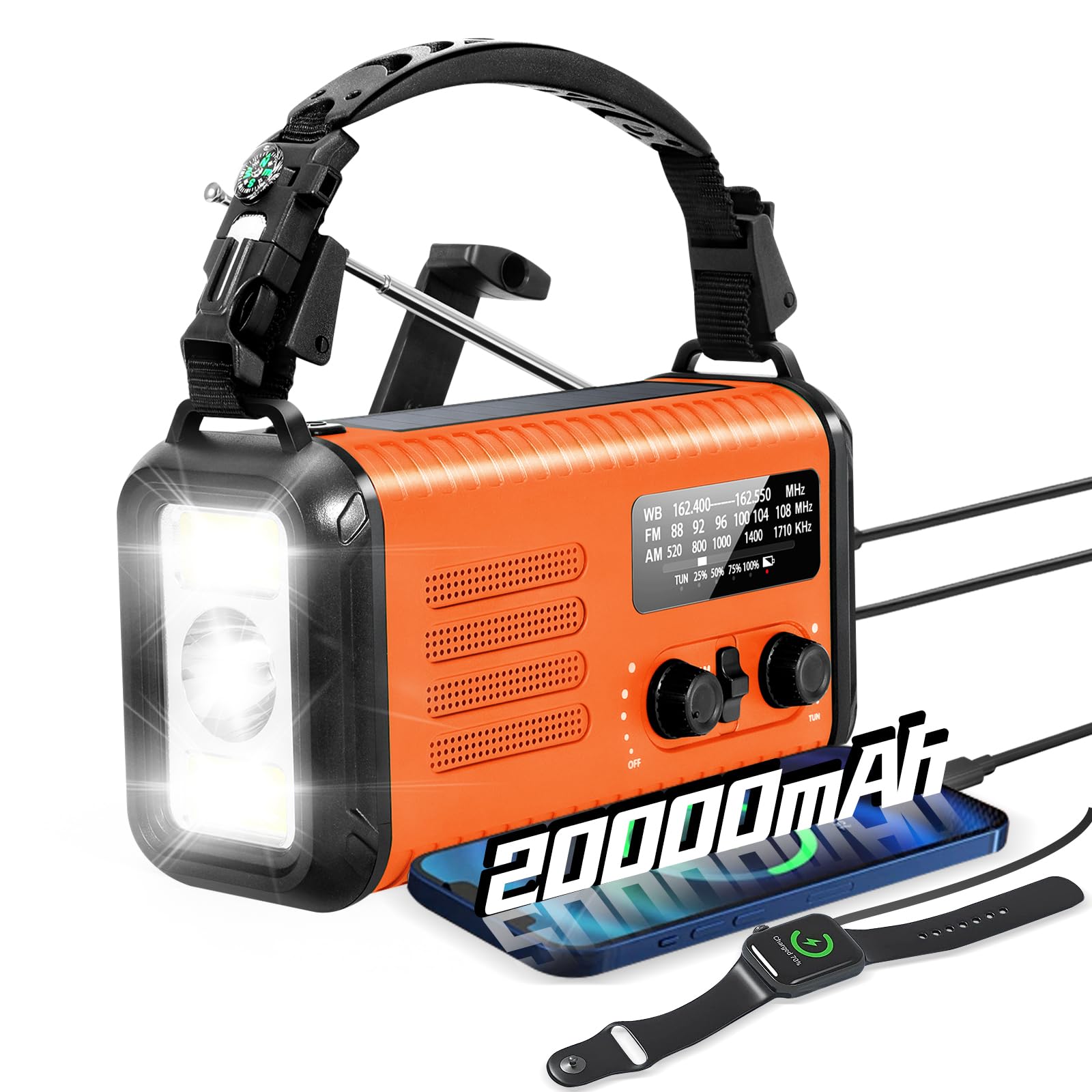 Radio météo d'urgence, radio solaire 20 000 mAh, radio à manivelle avec AM/FM/NOAA, radios portables avec lampe de poche et lampe de lecture, prise casque, alarme SOS, chargeur de téléphone pour les