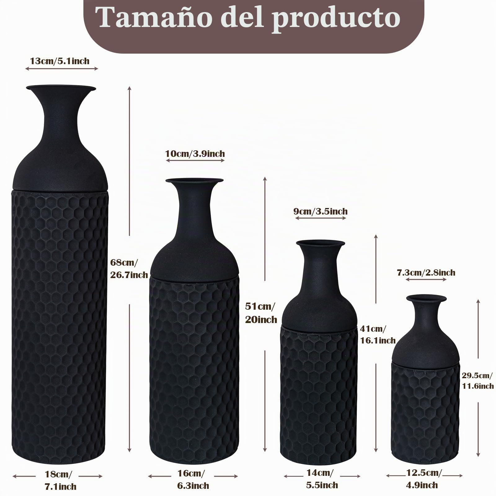 Floreros negros grandes, jarrón de suelo 69/51/42/30 cm, 4 piezas, florero moderno de metal con textura alveolada para sala de estar, casa, sala de estar, pasillo (con superficie esmerilada)