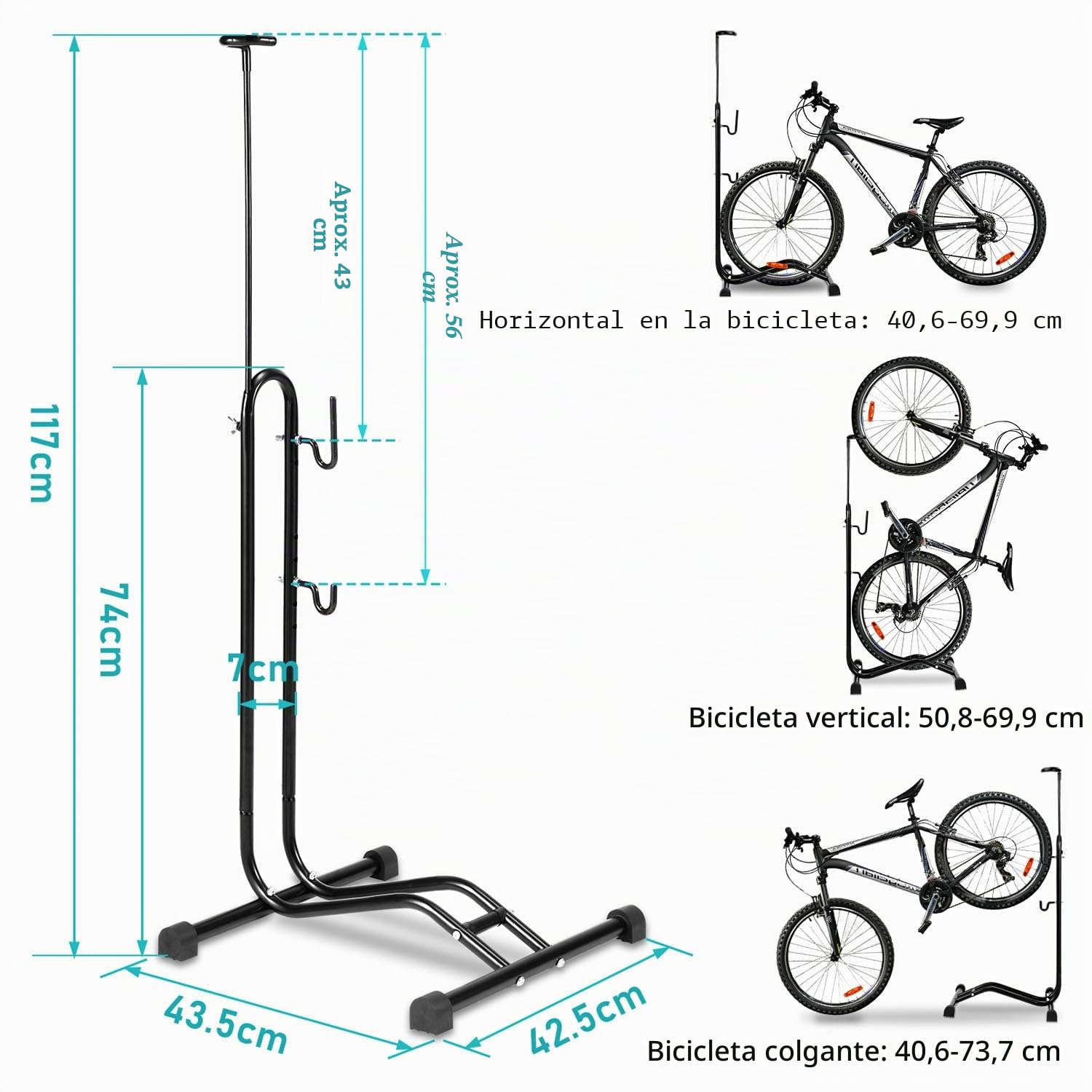 Soporte para bicicletas 3 en 1, soporte de mantenimiento para bicicletas ajustable en altura con suspensión horizontal y vertical, antideslizante, soporte de hasta 7 cm para bicicletas de