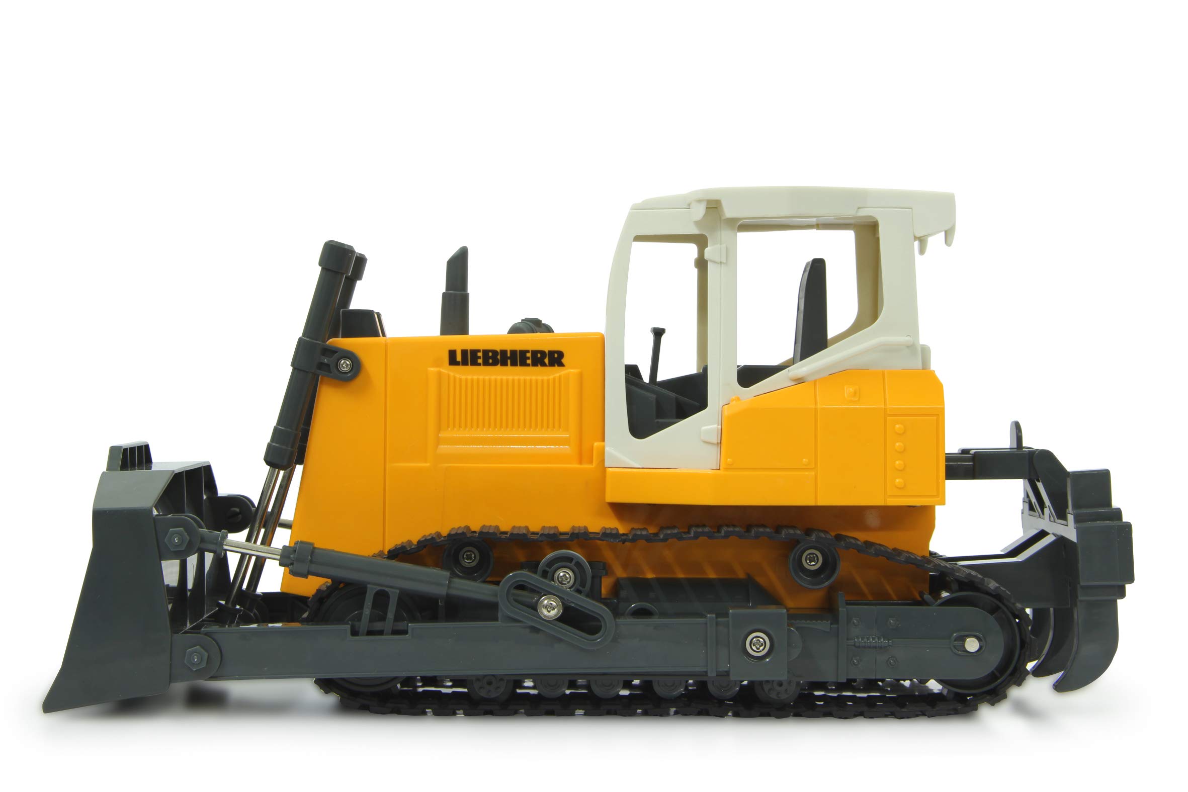 JAMARA 405057 - Planierraupe Liebherr 1:20 2,4GHz - programmierbare Funktionen, Realistischer Motorsound (abschaltbar), Schaufel Heben/senken/abkippen, Vertikutierer hoch/runter (manuell) Gelb
