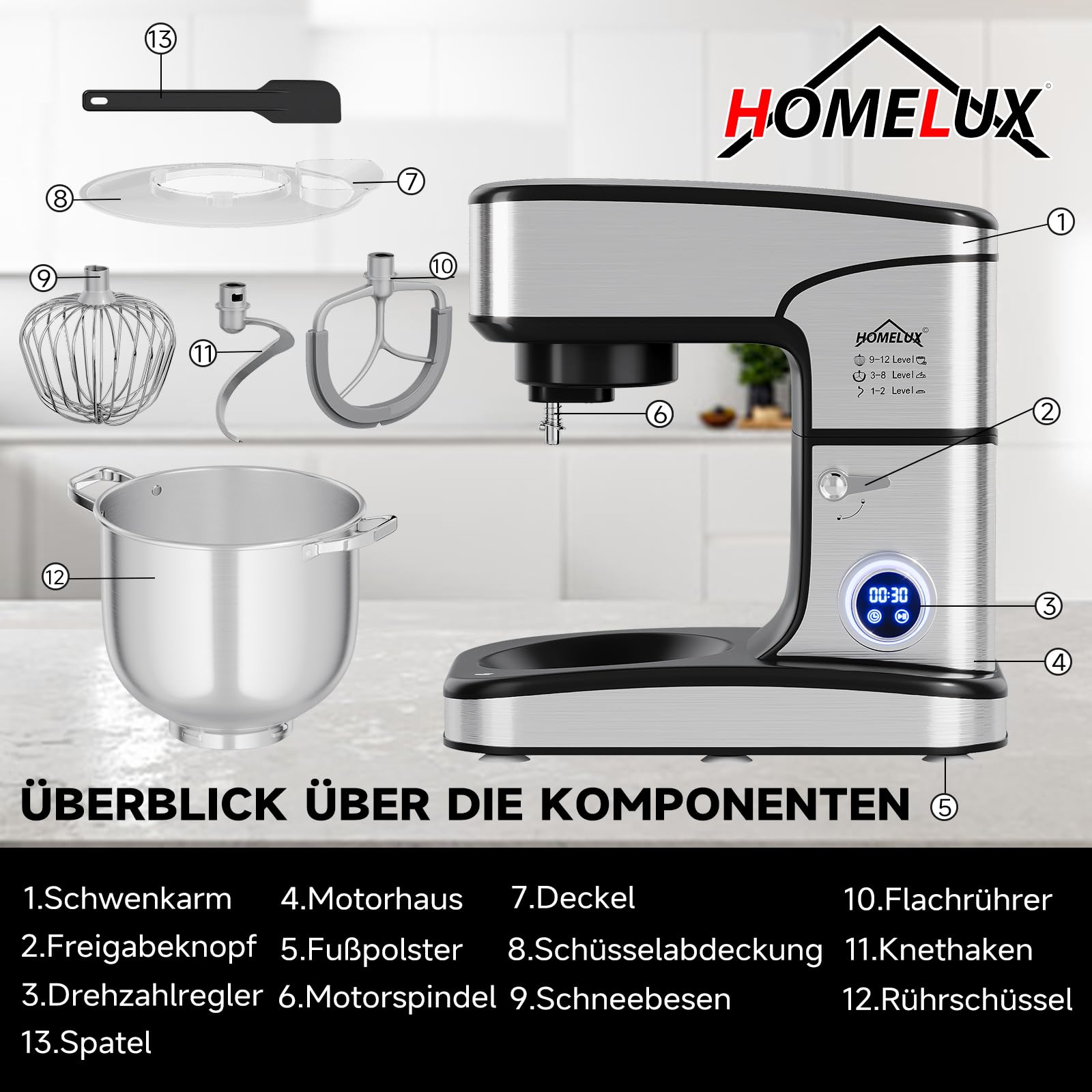 HOMELUX Küchenmaschine 2800W, Knetmaschine mit 16 Liter Edelstahl Schüssel, 12 Geschwindigkeitsstufen, LED-Touchscreen, Rührbesen, Knethaken, Schneebesen, Spatel und Spritzschutz, silberfarben