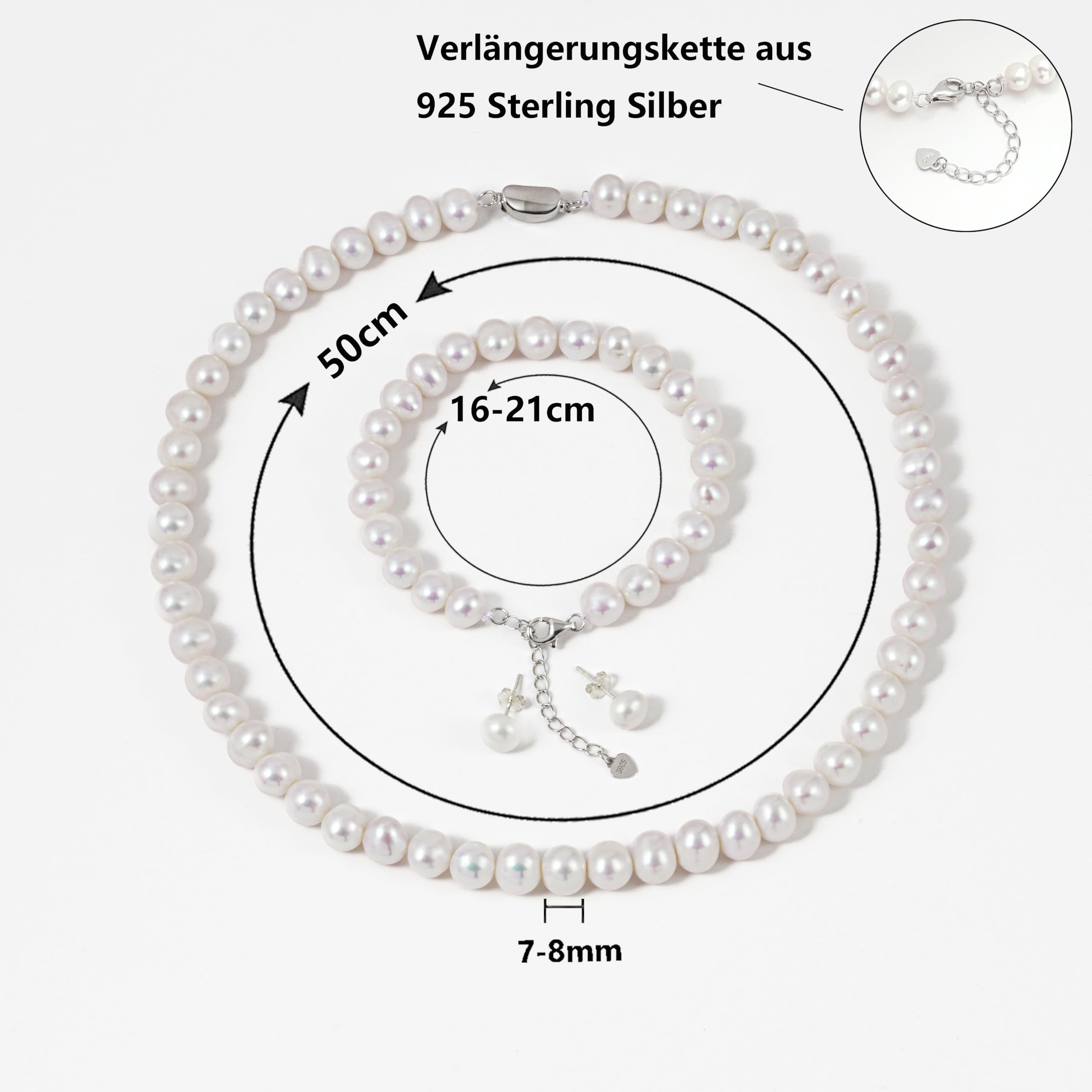 Perlenkette Perlen Halskette Süßwasser Zuchtperlen Schmuck-Set enthalten Armband und Ohrstecker für Damen Geschenke für Muttertag