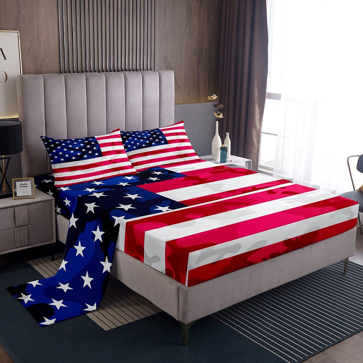 American Flag Bedding Set Camouflage USA Flag Fitted Sheet Army Camo Flag Bed Sheet Set for Children Kids Boys Girls Blue Red and White Stars Bed Cover Room Decor Bedding Sheet Twin Size 3Pcs