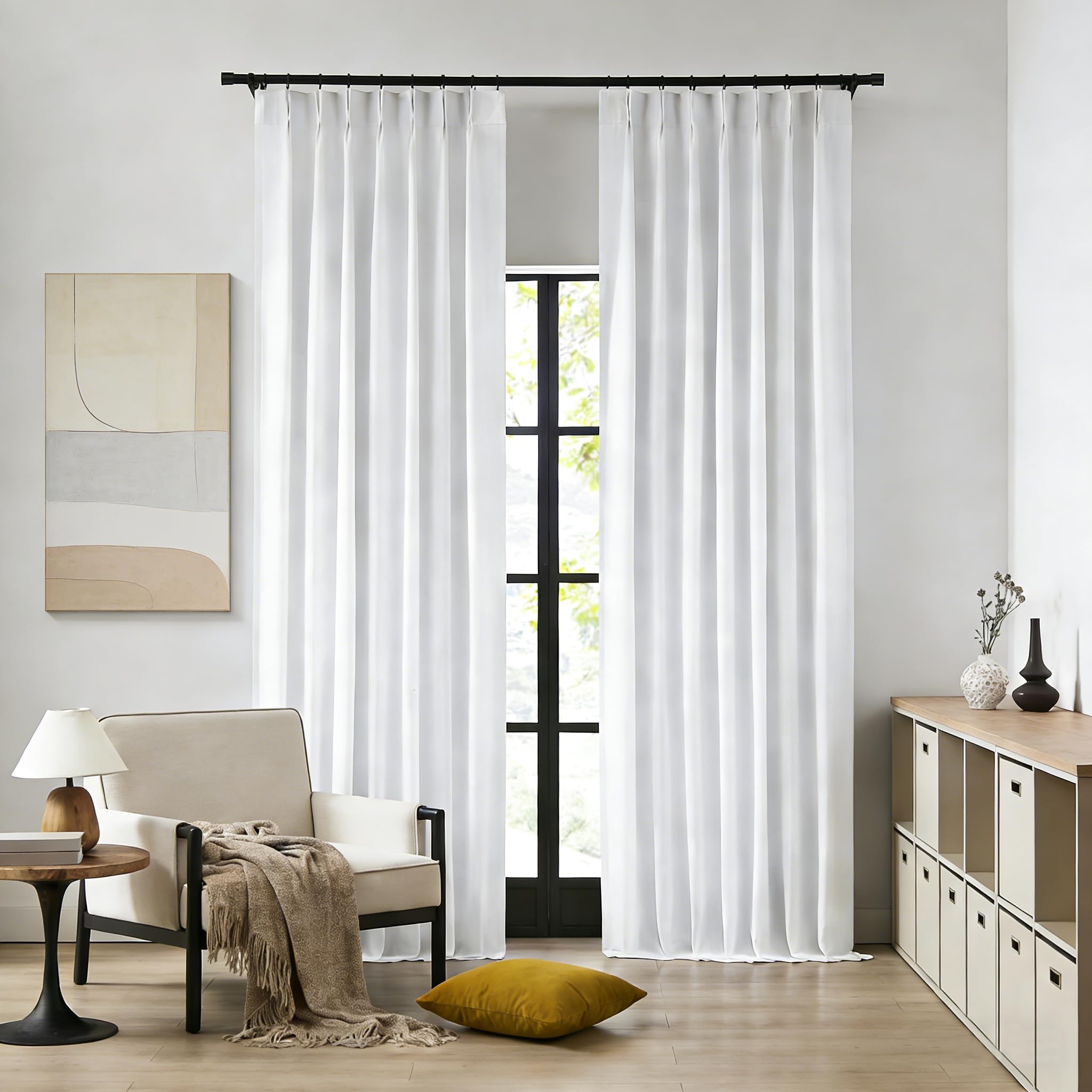 90 Inch White Pinch Pleated Full Blackout Curtains Linen Blend Room Darkening Window Curtains for Living Room Bedroom Thermal Insulated Pinch Pleat