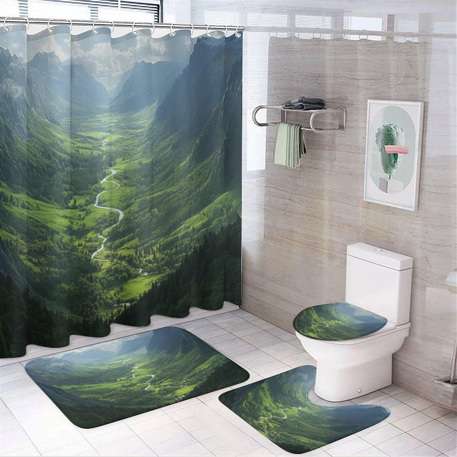 HDESDIS 4Pcs Forest River Highland Shower Curtain Sets, Bath Mat and Rugs, Fantasy Spring Scenery Shower Curtain with Hooks for Bathroom