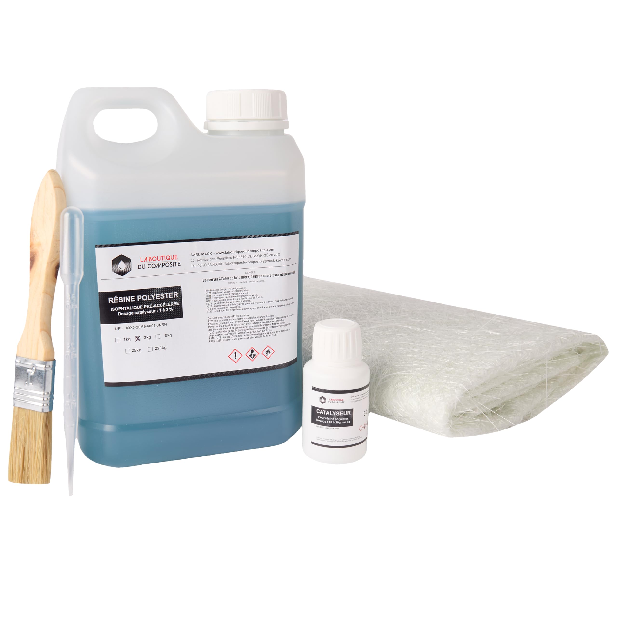 Kit Fibre de Verre Polyester 2 kg Catalyseur Mat 300 g Réparation Bateau