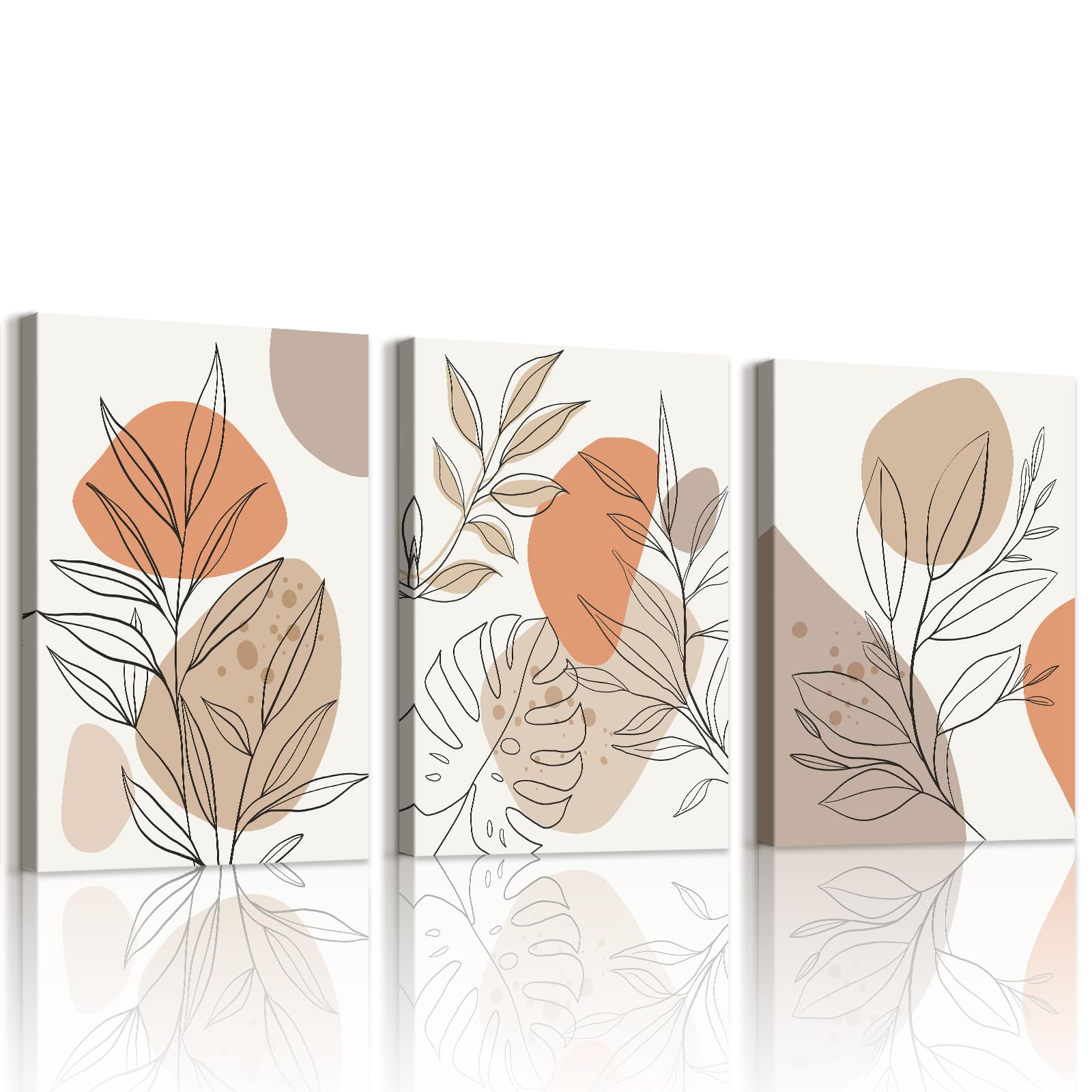 WENGTIAO Set of 3 Boho Abstract Plant Canvas Wall Art Framed, Beige Grey Orange Geometric Block Prints Pictures, Minimalist Leaves Painting on Canvas Modern Living Room Bedroom Wall Decor 30x40cmx3 — image 1