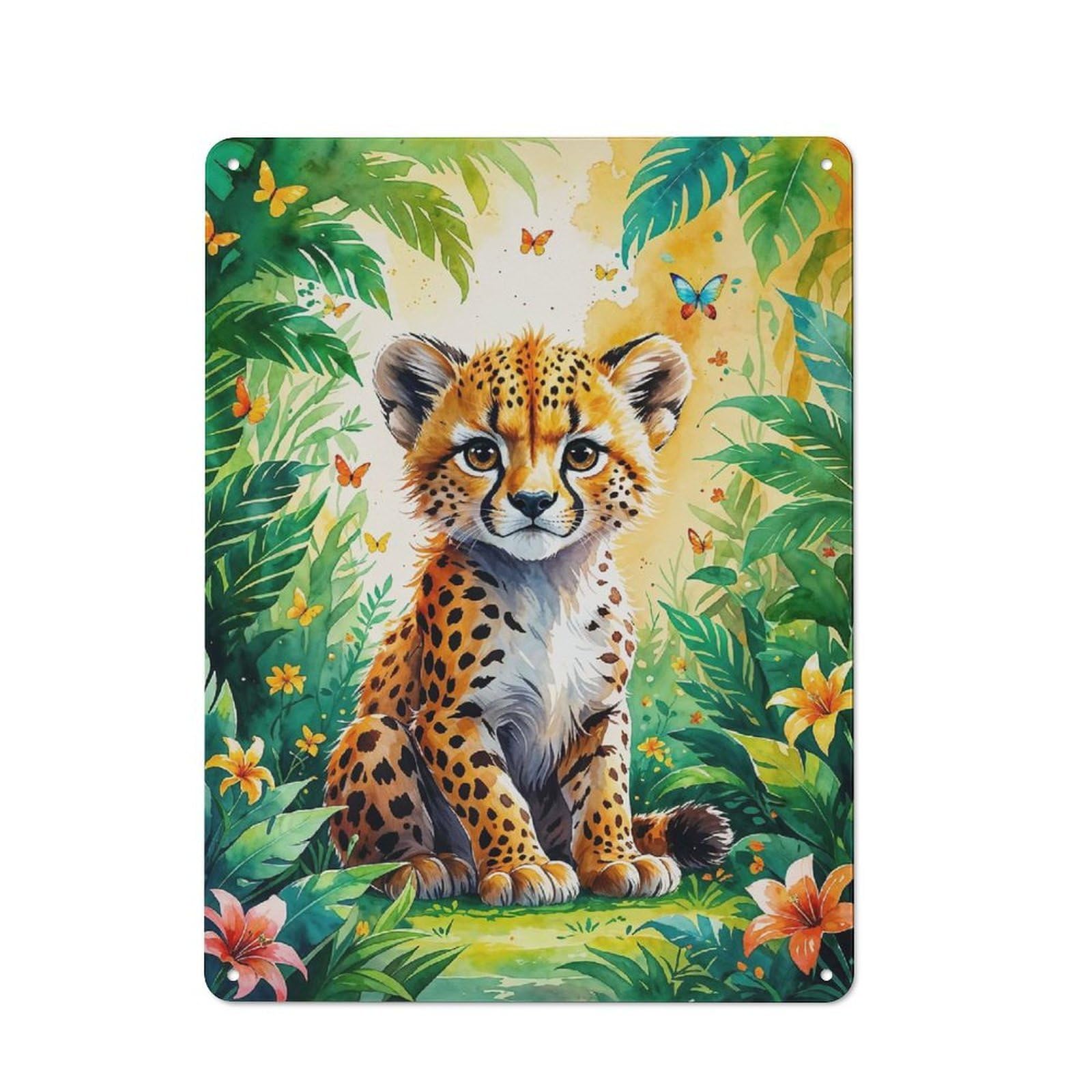 Junmoney Cute Cheetah Cub In Jungle Watercolor Rustic Metal Plaque 40X30cm For Studio Or Craft Room, Housewarming Present For People Styling Studio And Craft Room