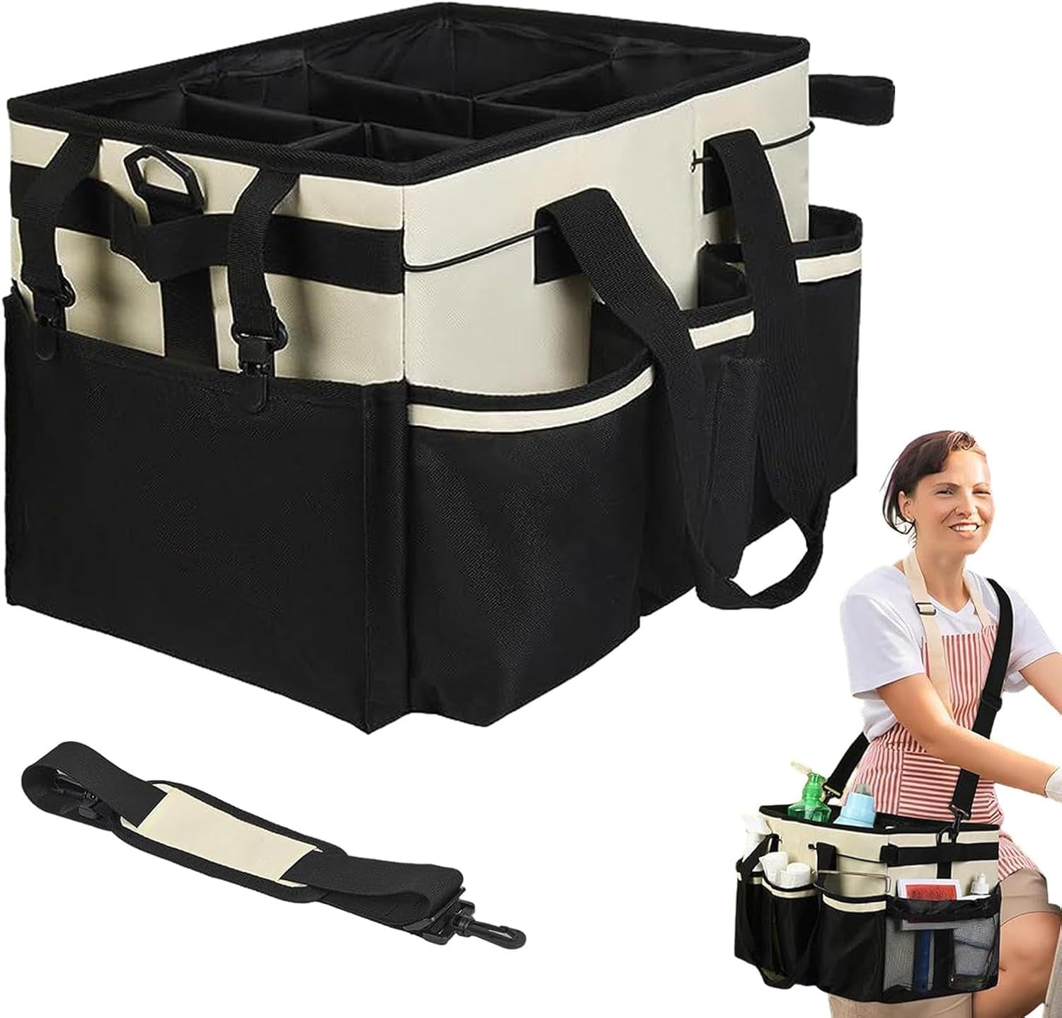KASTWAVE Cleaner Storage Organizer, Large Wearable Cleaning Detailing Organizer with Handle Cleaning Supply Tote with Adjustable Shoulder Strap&Waist Belt, For Cleaners & Housekeeper