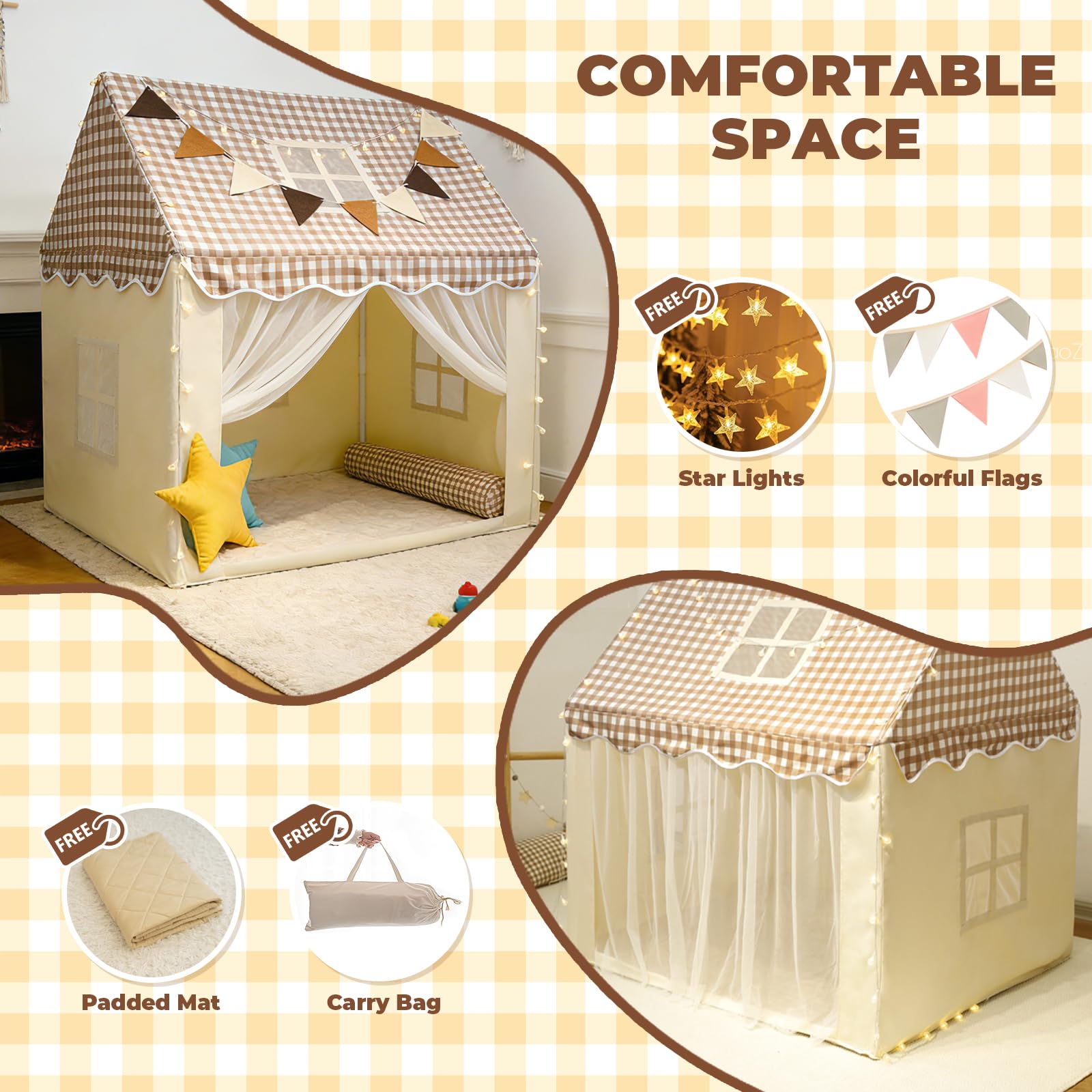 Playhouse for Indoor & Outdoor, with Star Light, Flags and Carry Bag, Washable Kids Tent for Girls & Boys (Lattice Top)