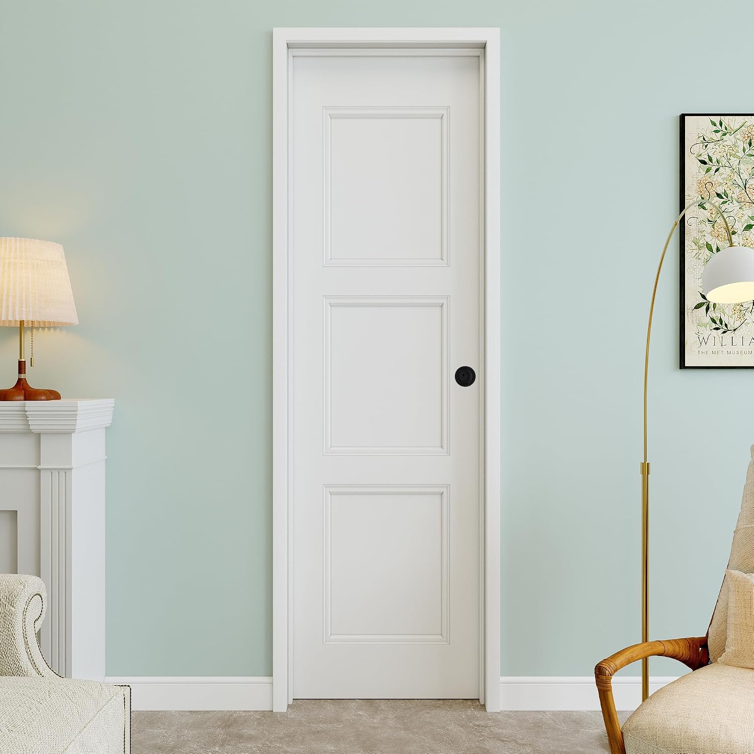 28" x 80" 3-Panel Solid Core Interior Prehung Door with Curve Lever and Black Hinges and Left Frame, Paintable & Waterproof, Laundry, Closet Doors, Room Doors