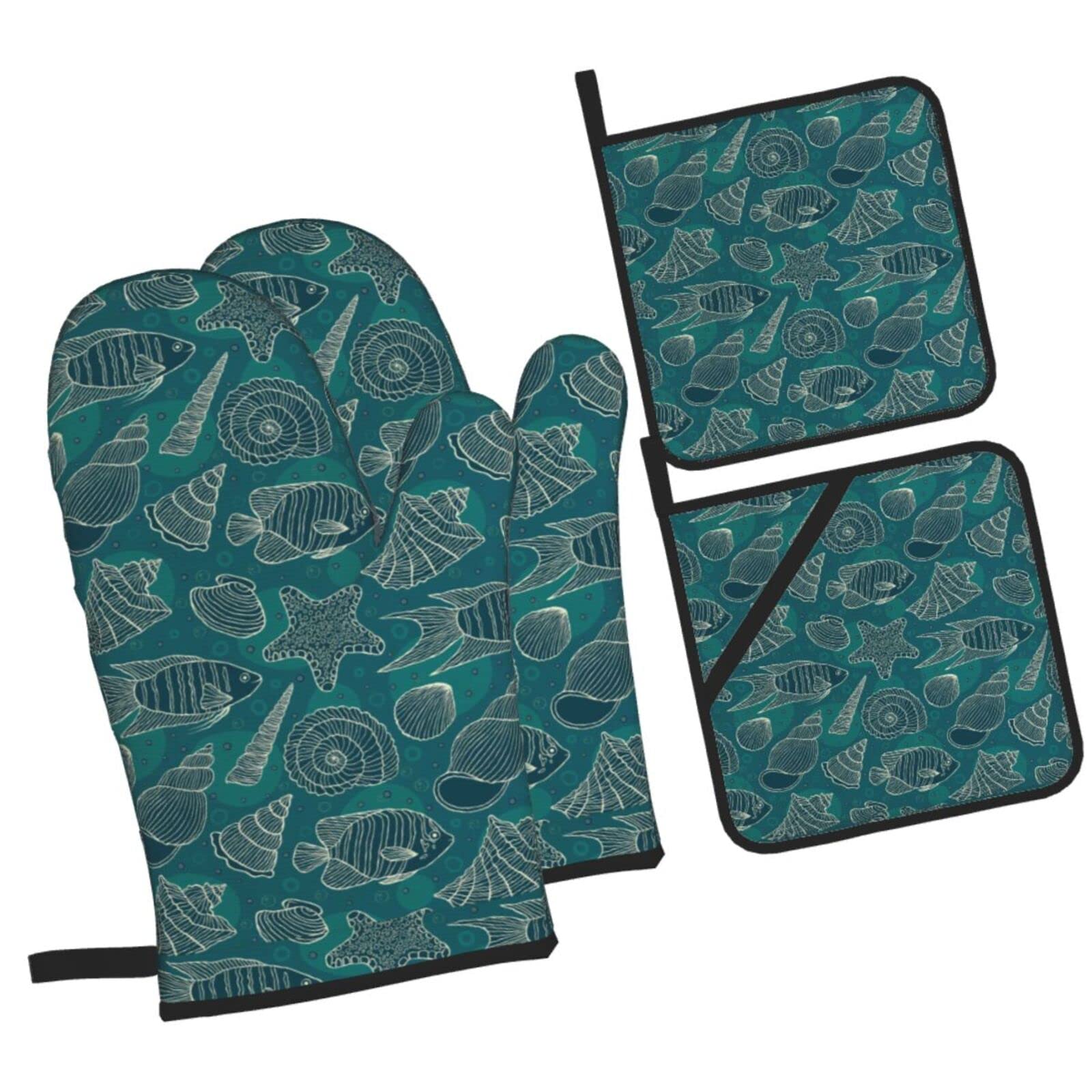 Nautical Ocean Pattern Underwater Oven Mitts and Pot Holders Sets, Christmas Oven Mitt Kitchen Heat Resistant Non-Slip Pot Holders Set for Cooking Baking BBQ