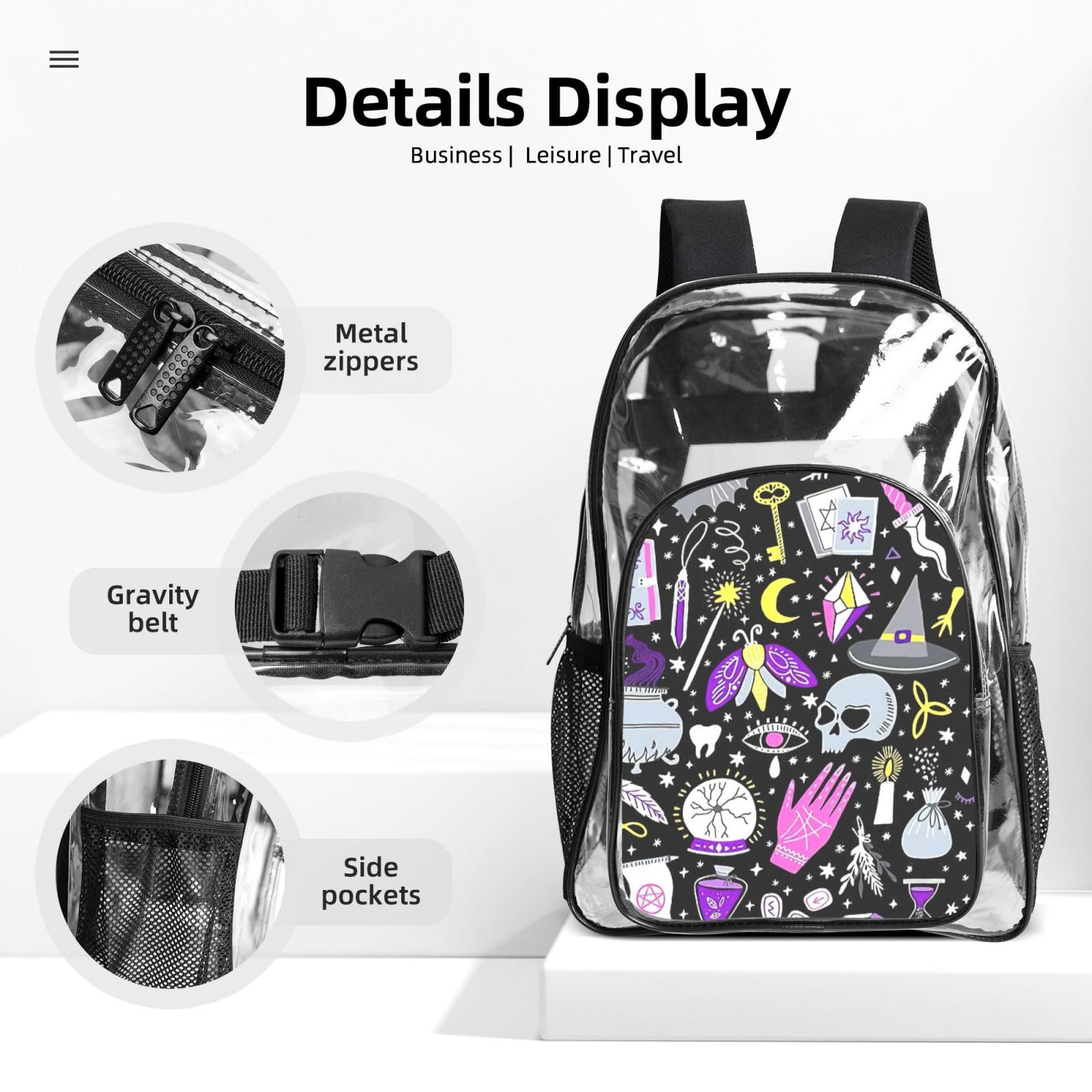 Magiczna czarownica czary bohema rysunek nadruk unisex 3-częściowy przezroczysty plecak zestaw torba na lunch do szkoły podróży na świeżym powietrzu sport