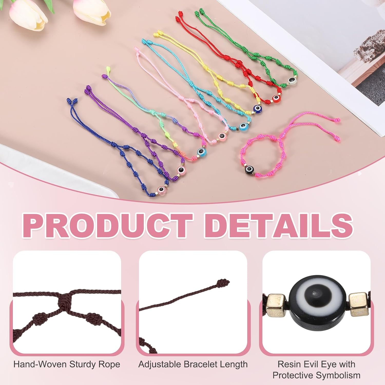 MECCANIXITY Evil Eye Bracelet Handmade Knots Braided Rope String Adjustable Waterproof Good Luck Bracelet Set with Card & Mesh Bag