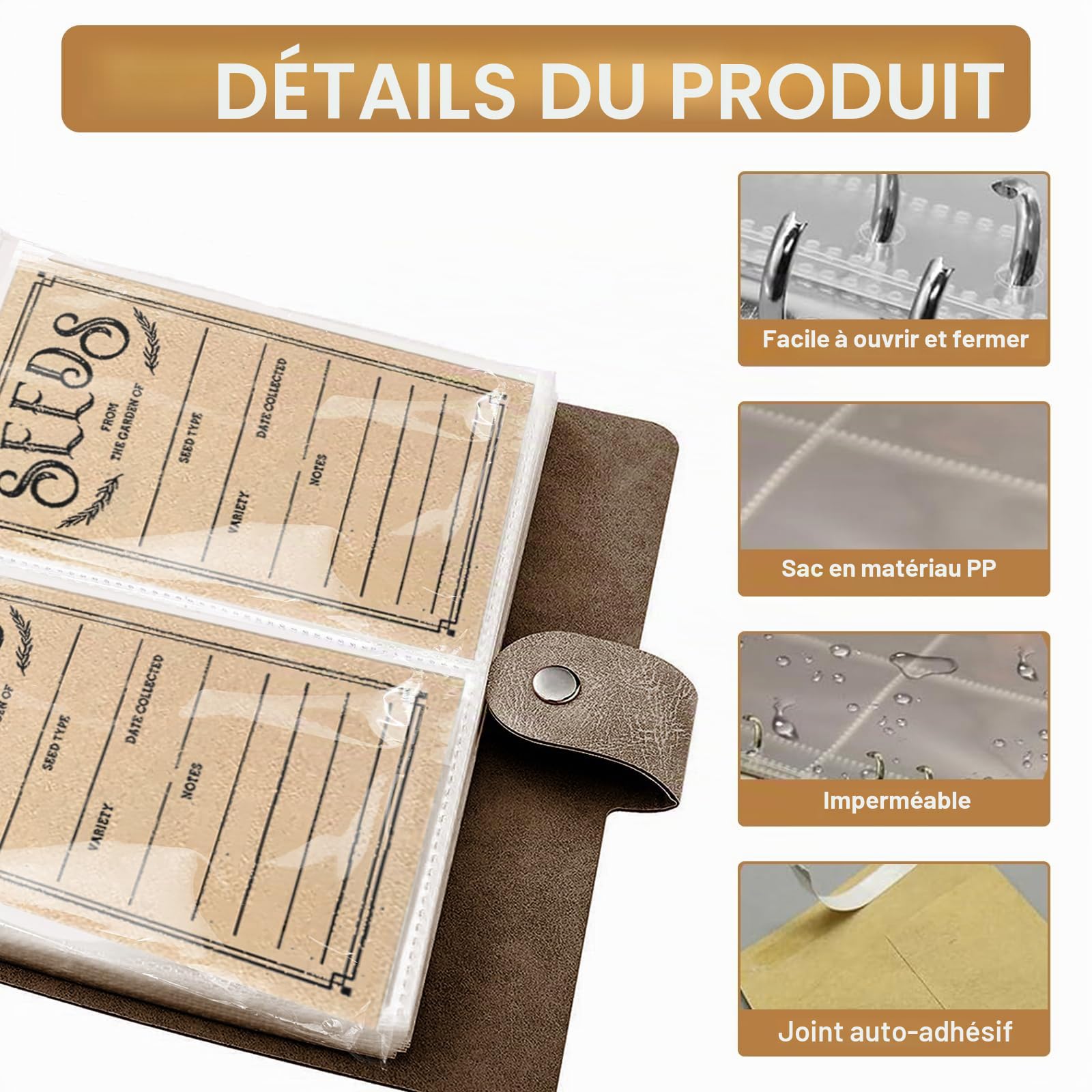 Lot de 100 enveloppes auto-adhésives pour rangement de semences de jardin, organiseurs, paquets d'économie, boîte, classeur de collection et organisation – Idéales pour chaque jardinier (marron)
