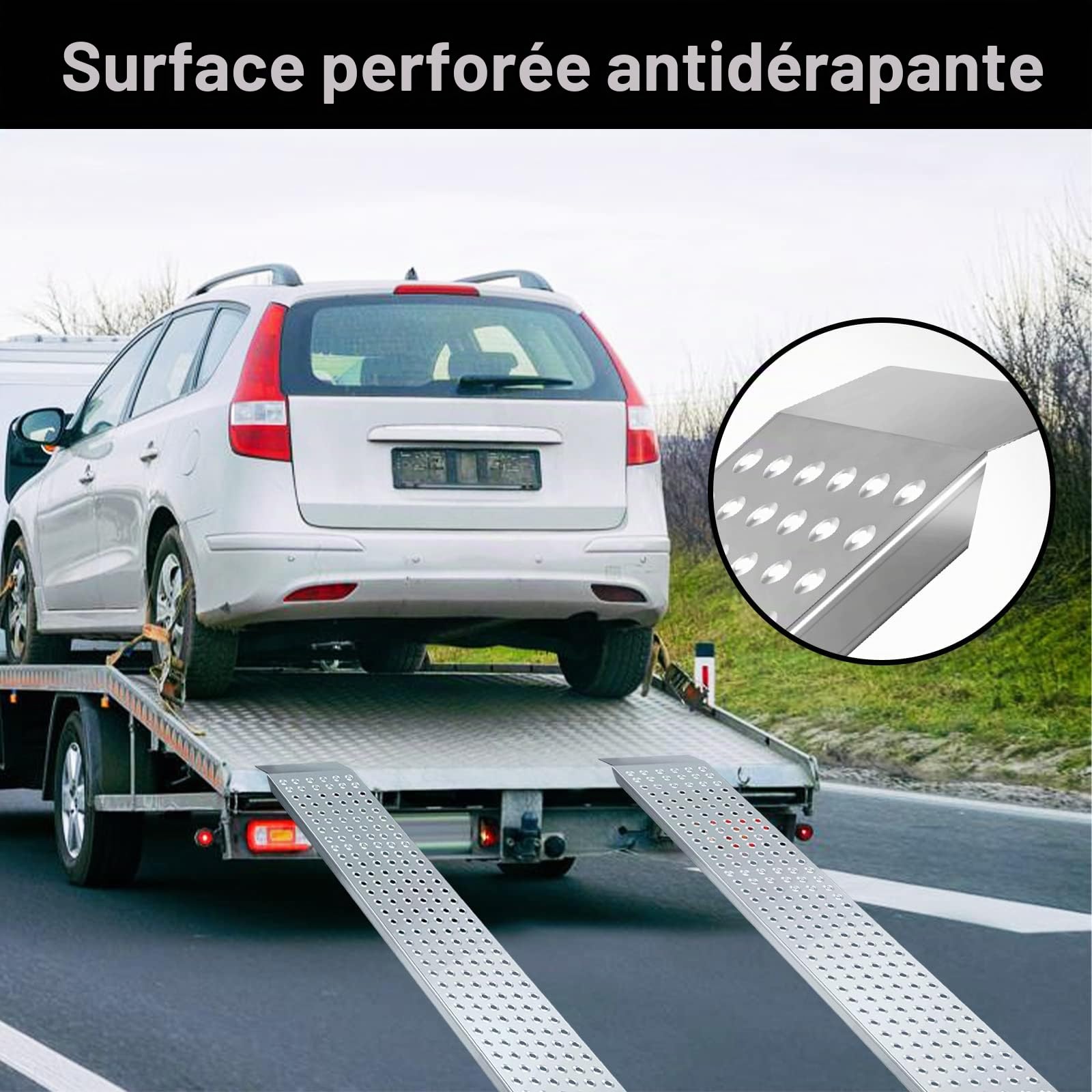 Randaco Lot de 2 rampes d’accès rampes de chargement en acier galvanisé - 160 x 23,5 x 4 cm - Rail de chargement antidérapant - Pour moto, ATV, quad, voiture - Rampe de chargement jusqu'à 400 kg
