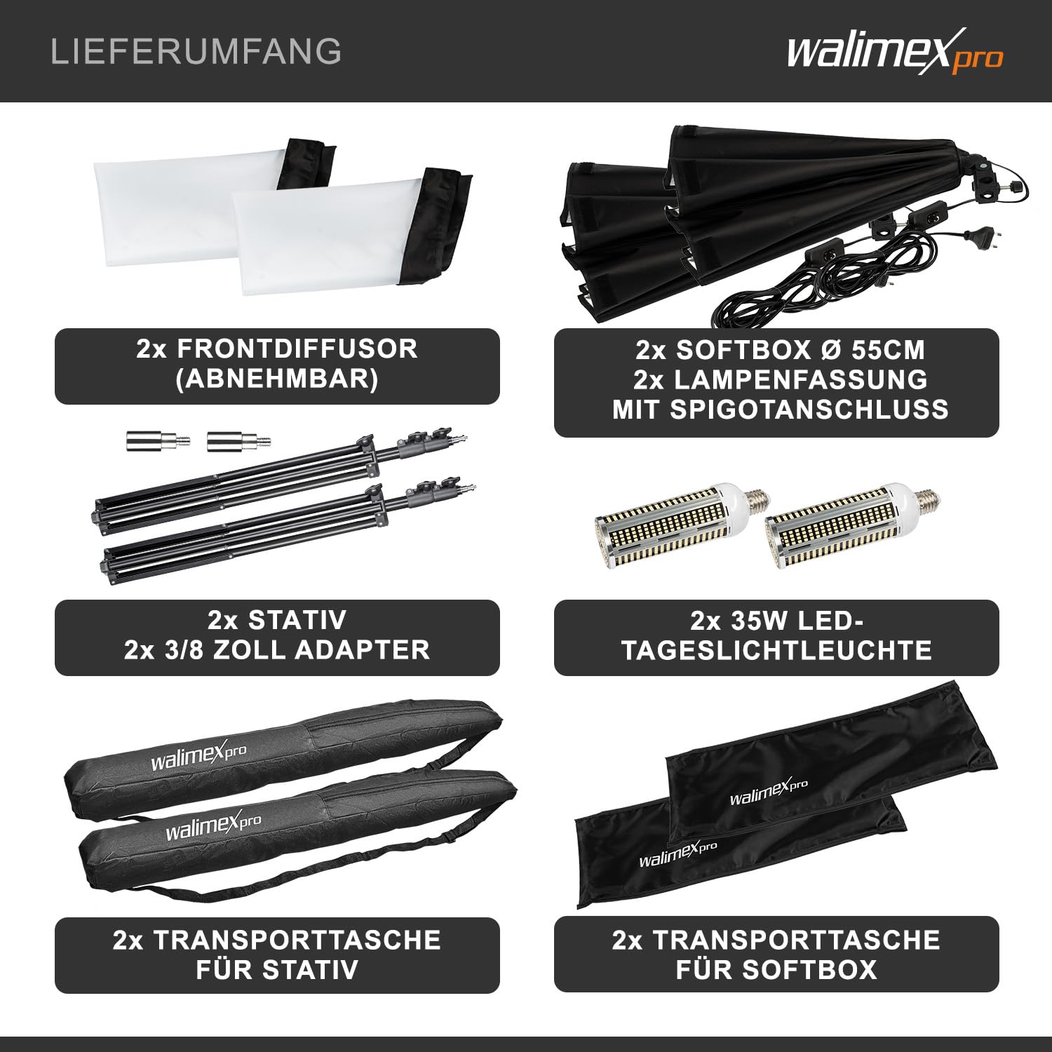 Walimex pro Zestaw 2 softboxów oktagonalnych o średnicy 55 cm z 2x żarówkami LED 35 W o barwie dziennej 5000 K i dwoma statywami oświetleniowym FT-8051 do wys. 260 cm, statywy z amortyzacją drgań
