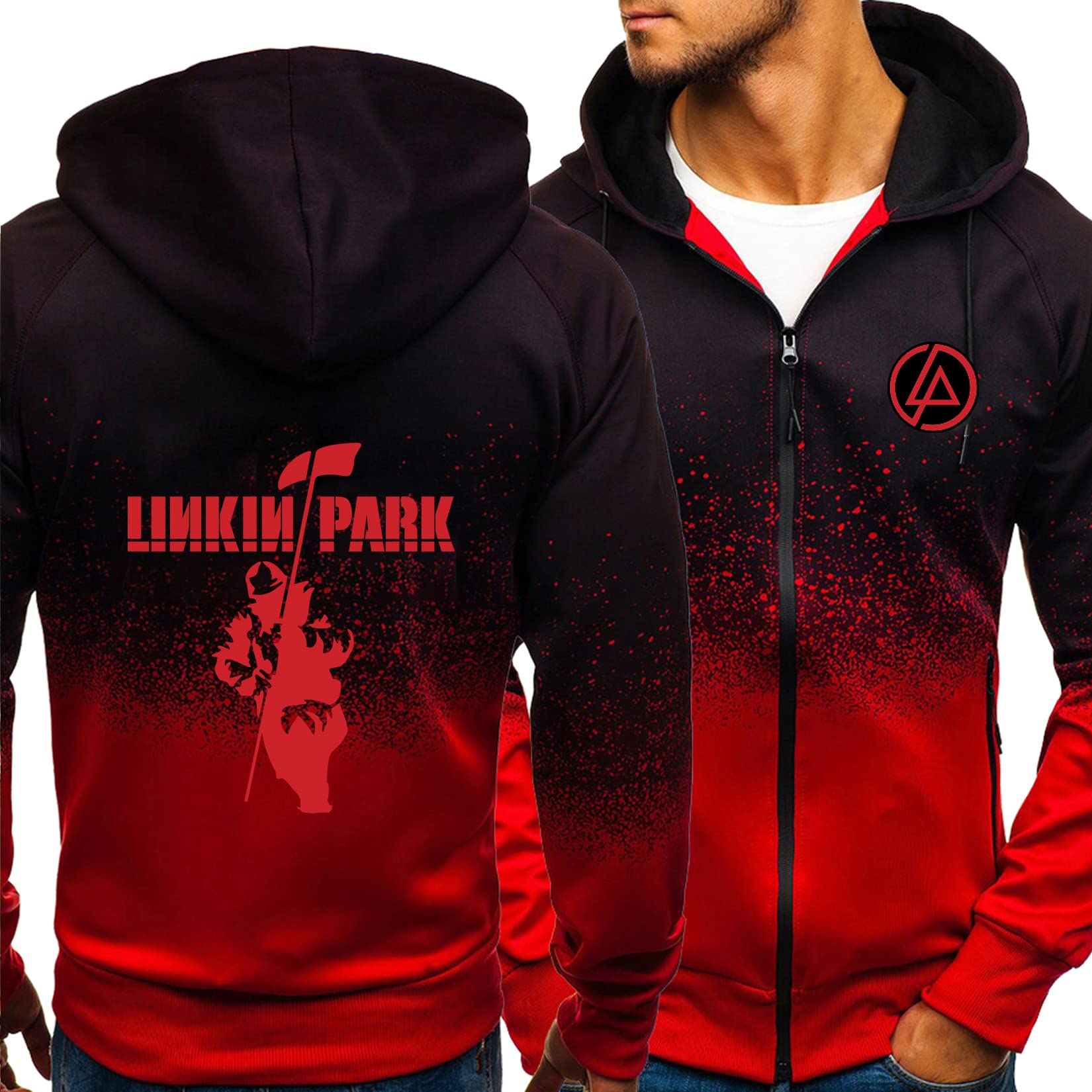 Men‘s Hooded Sweatshirt for Linkin Park Hoodie Lightweight Tracksuit Adults Pullover Hoodies Teens Zipped Jumpers Top Long Sleeve Casual Jackets Coat,Red-Adults/M